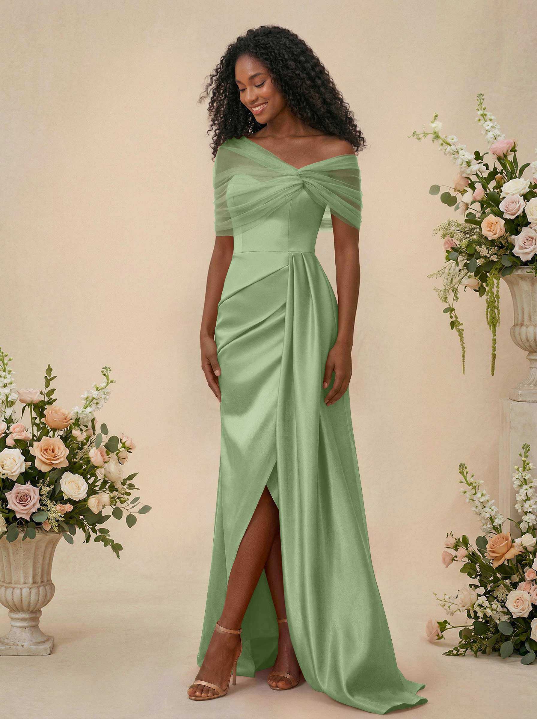 Trumpet/Mermaid Off-The-Shoulder Satin/Tulle Bridesmaid Dresses With Split Front, product image 169