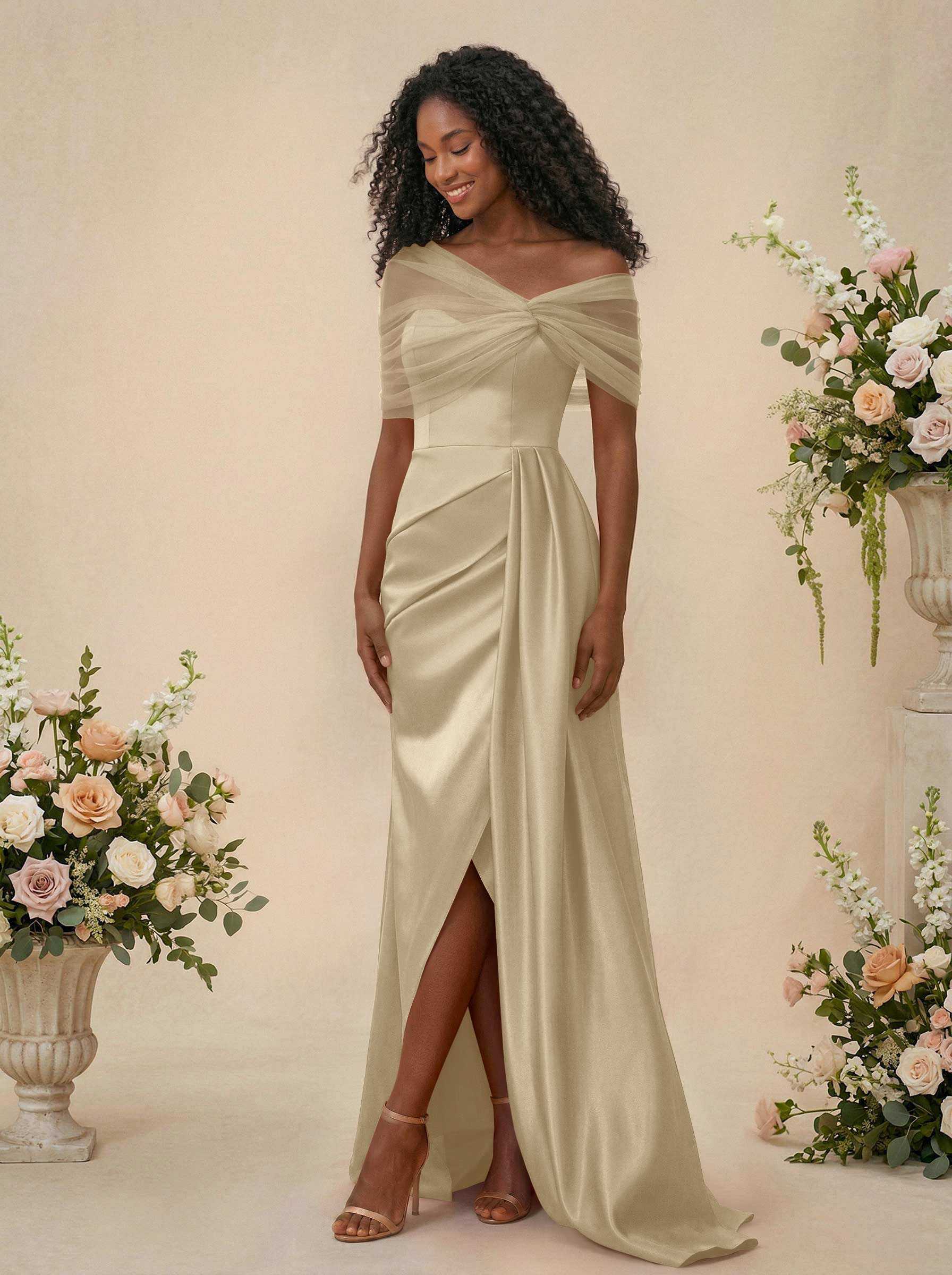 Trumpet/Mermaid Off-The-Shoulder Satin/Tulle Bridesmaid Dresses With Split Front, product image 185