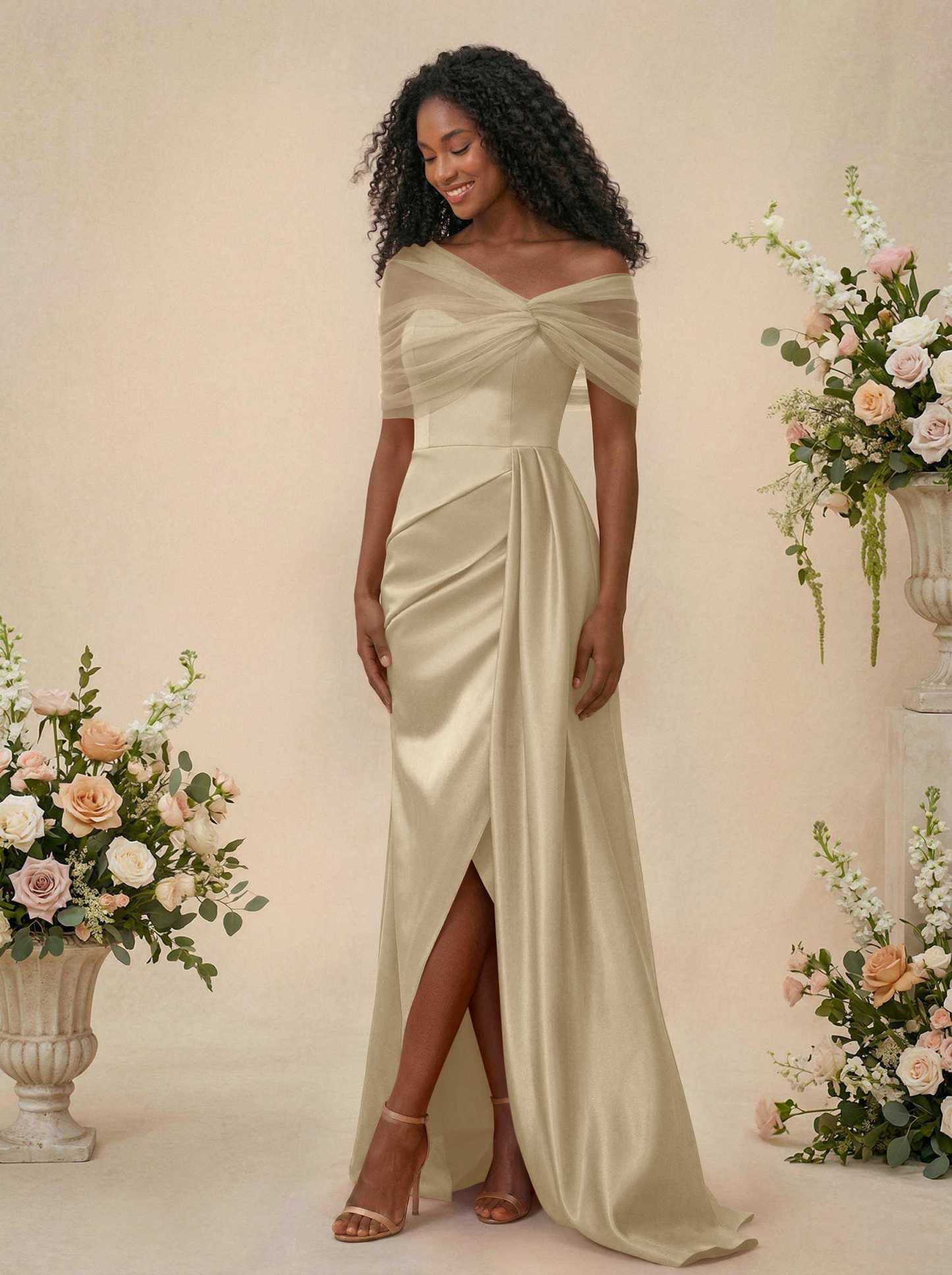 Trumpet/Mermaid Off-The-Shoulder Satin/Tulle Bridesmaid Dresses With Split Front, product image 185