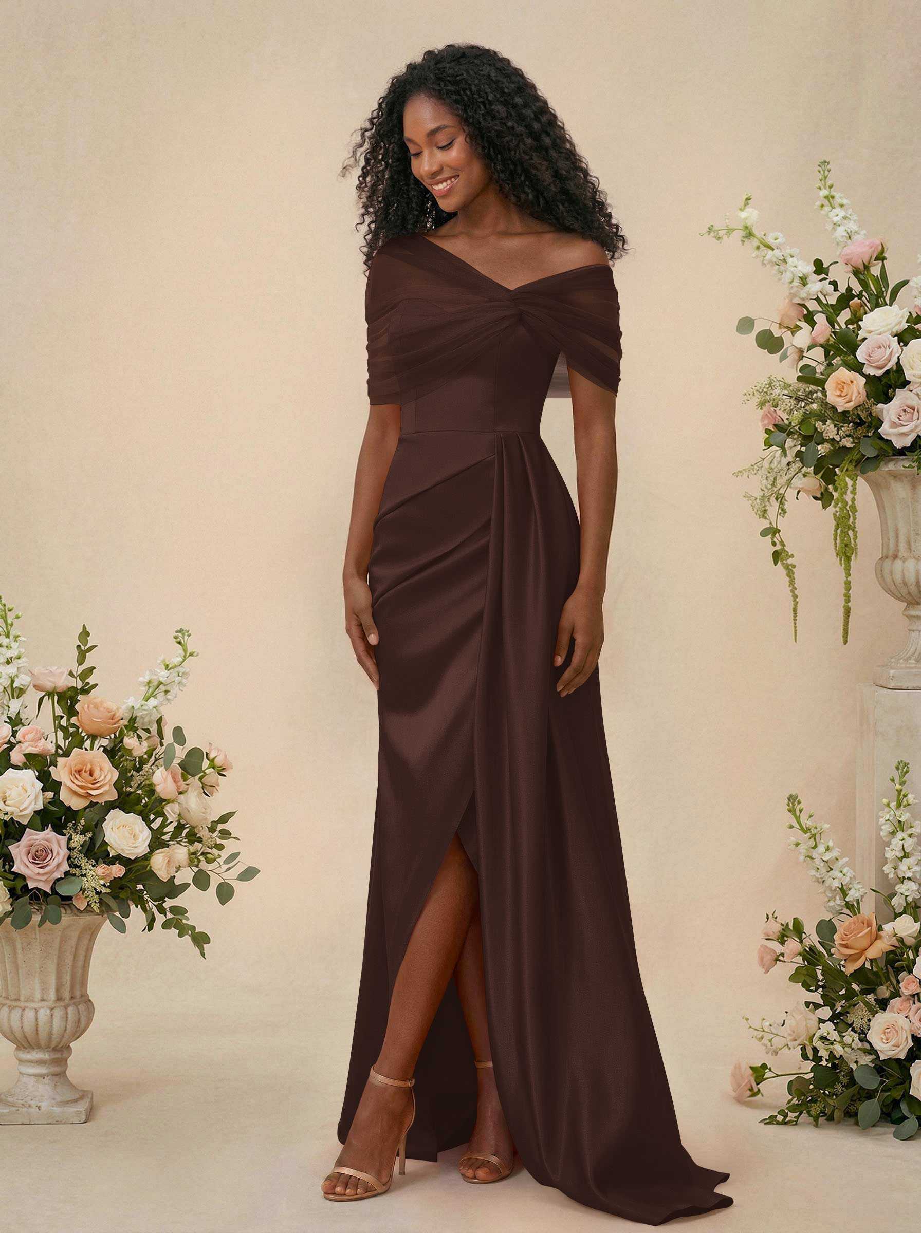 Trumpet/Mermaid Off-The-Shoulder Satin/Tulle Bridesmaid Dresses With Split Front, product image 205