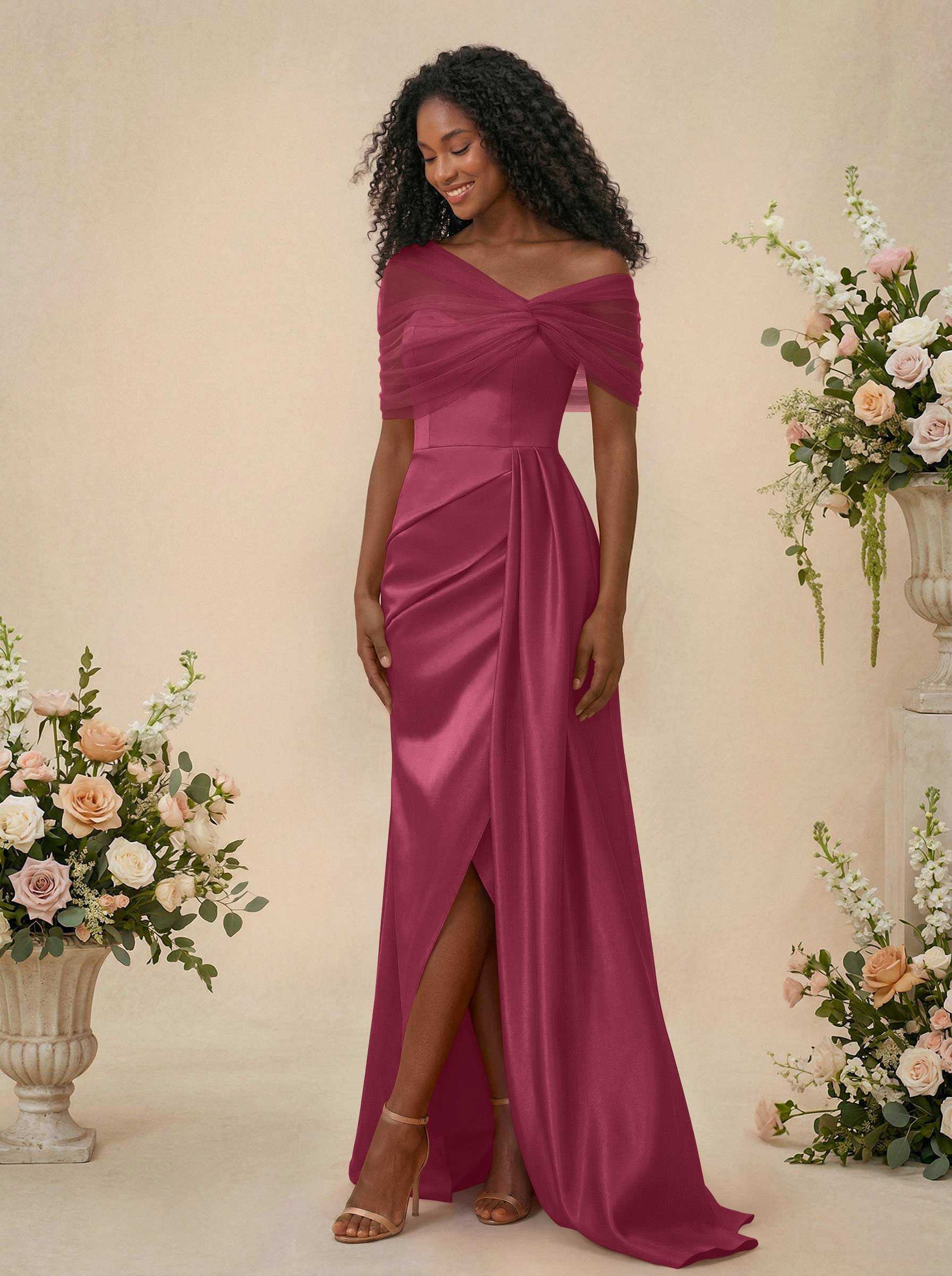 Trumpet/Mermaid Off-The-Shoulder Satin/Tulle Bridesmaid Dresses With Split Front in Fuchsia, US2
