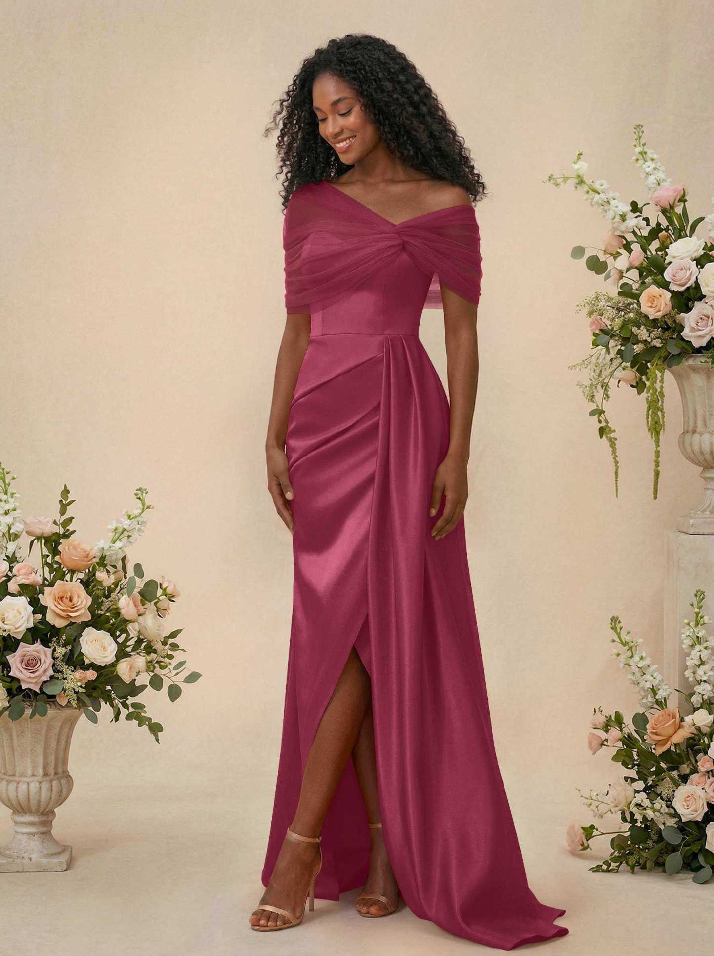 Trumpet/Mermaid Off-The-Shoulder Satin/Tulle Bridesmaid Dresses With Split Front in Fuchsia, US2