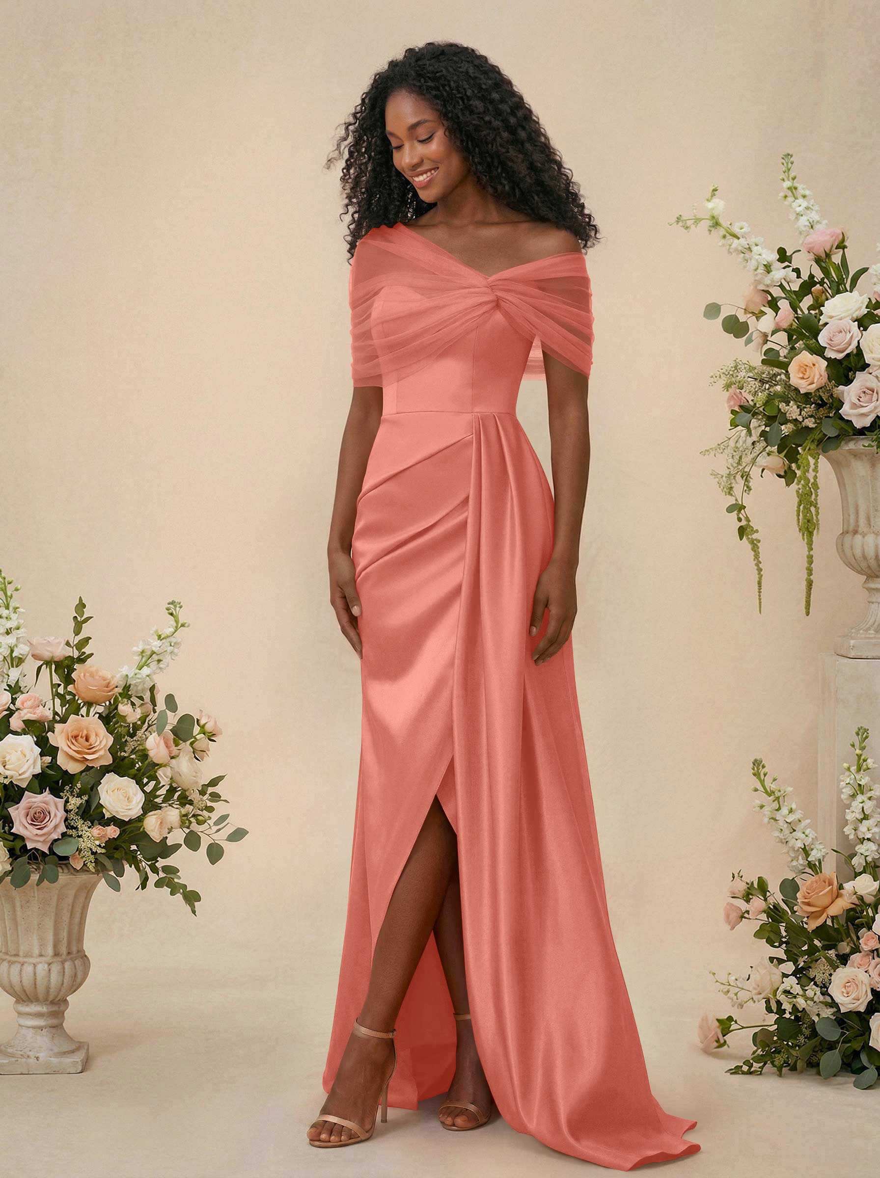 Trumpet/Mermaid Off-The-Shoulder Satin/Tulle Bridesmaid Dresses With Split Front, product image 97