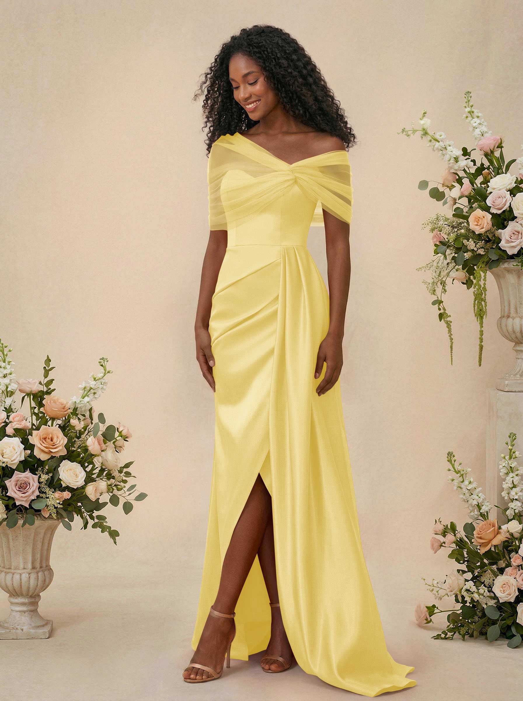 Trumpet/Mermaid Off-The-Shoulder Satin/Tulle Bridesmaid Dresses With Split Front, product image 193