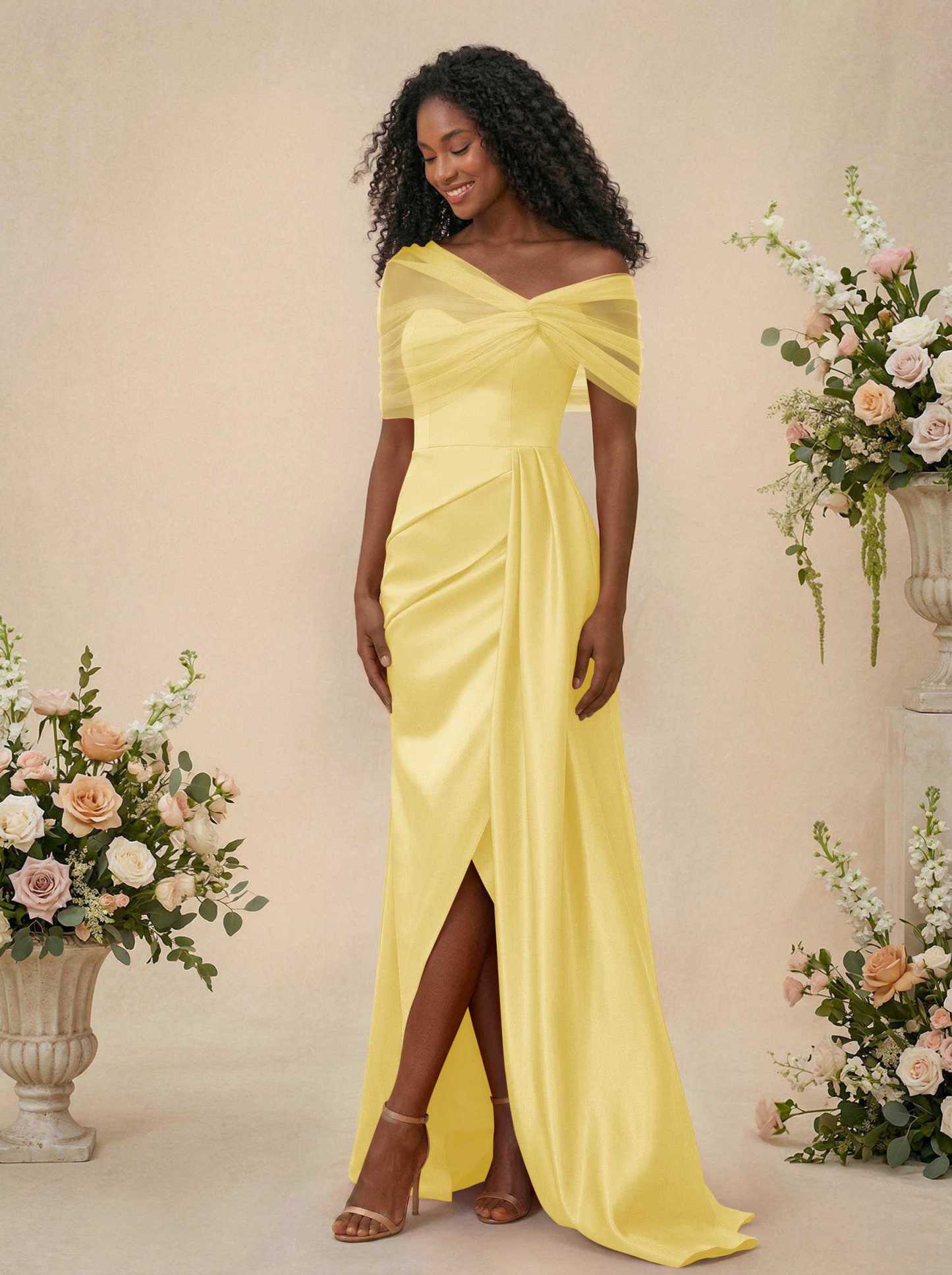 Trumpet/Mermaid Off-The-Shoulder Satin/Tulle Bridesmaid Dresses With Split Front, product image 193