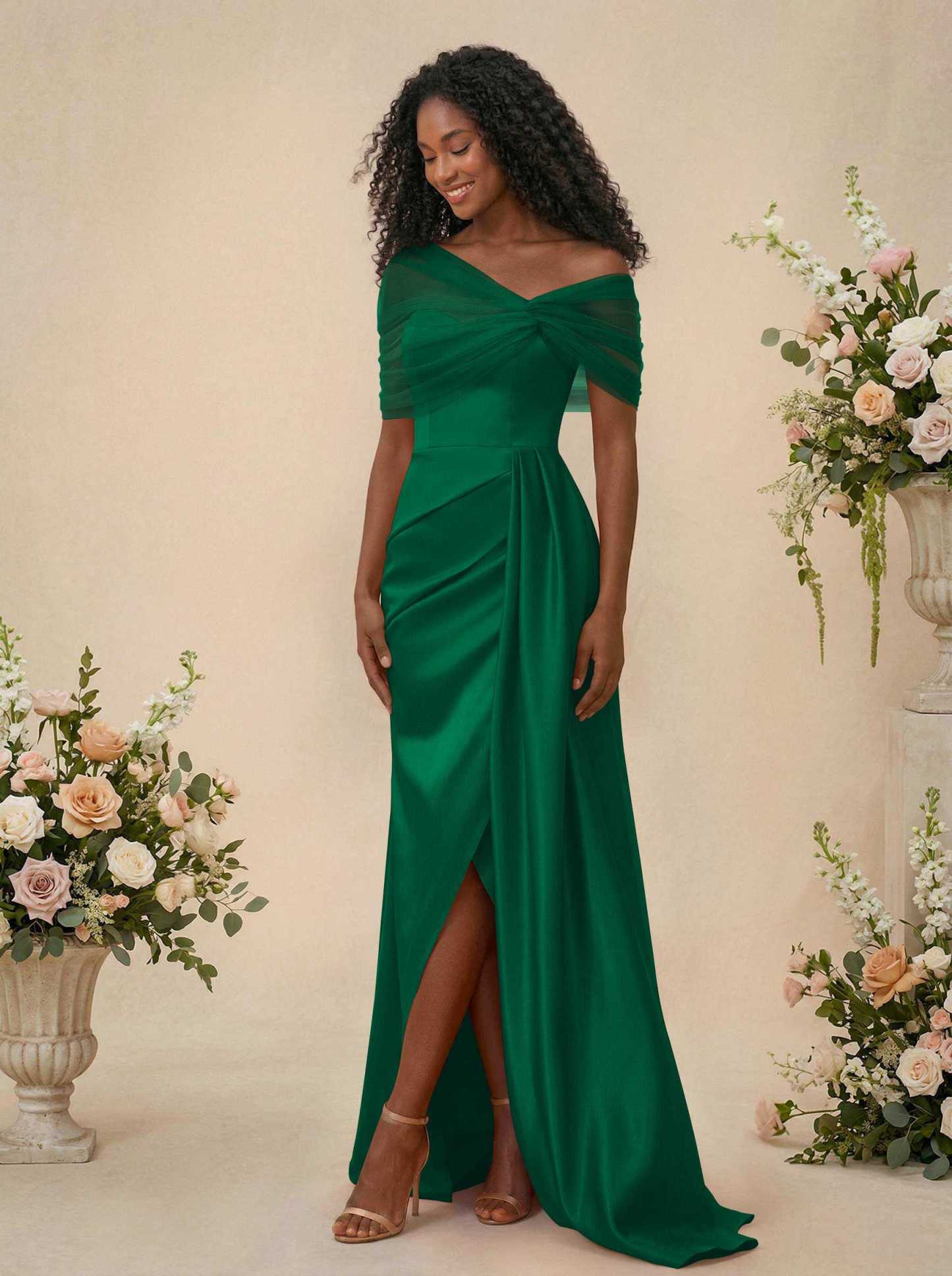 Trumpet/Mermaid Off-The-Shoulder Satin/Tulle Bridesmaid Dresses With Split Front, product image 153