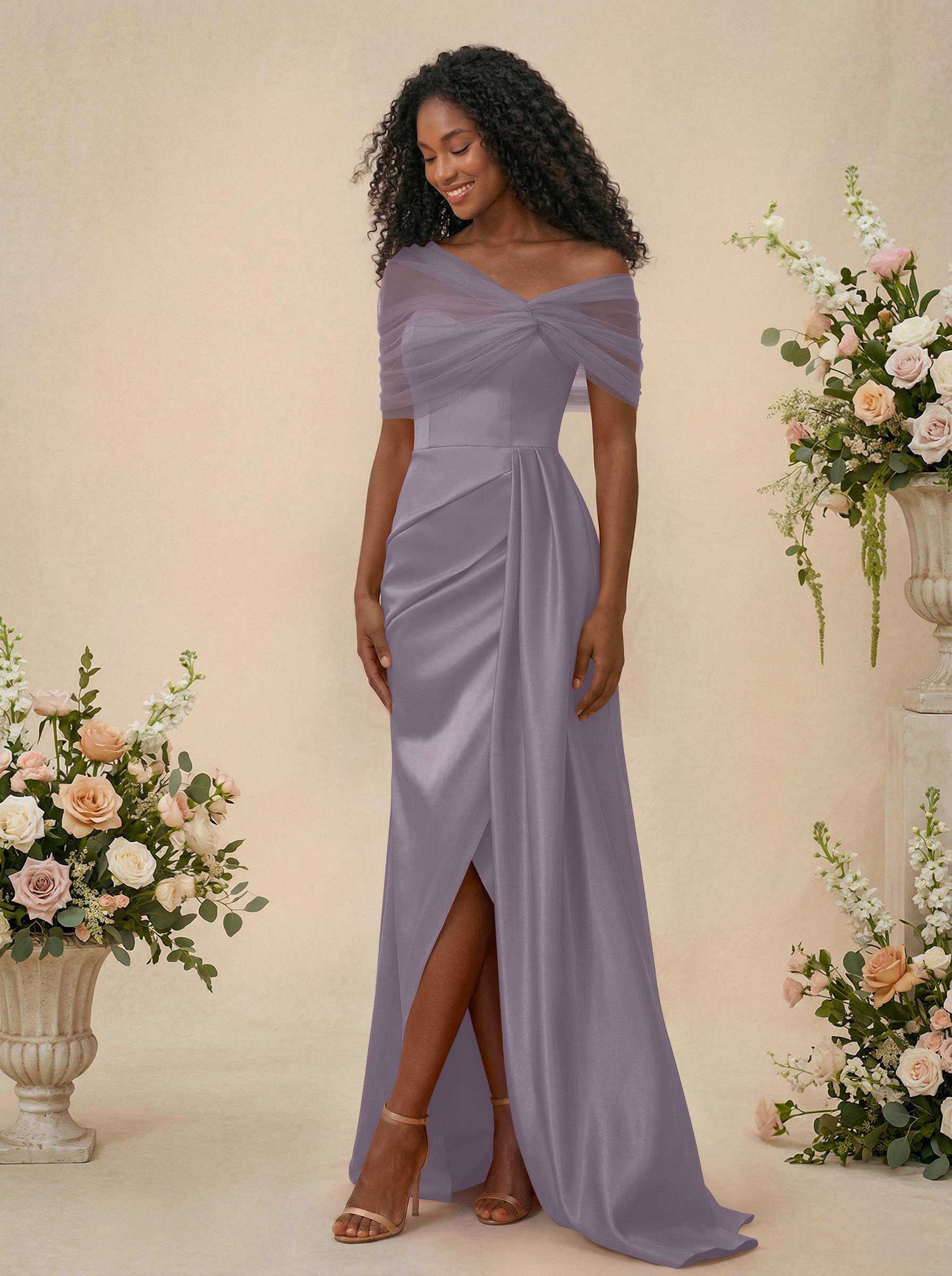 Trumpet/Mermaid Off-The-Shoulder Satin/Tulle Bridesmaid Dresses With Split Front, product image 109