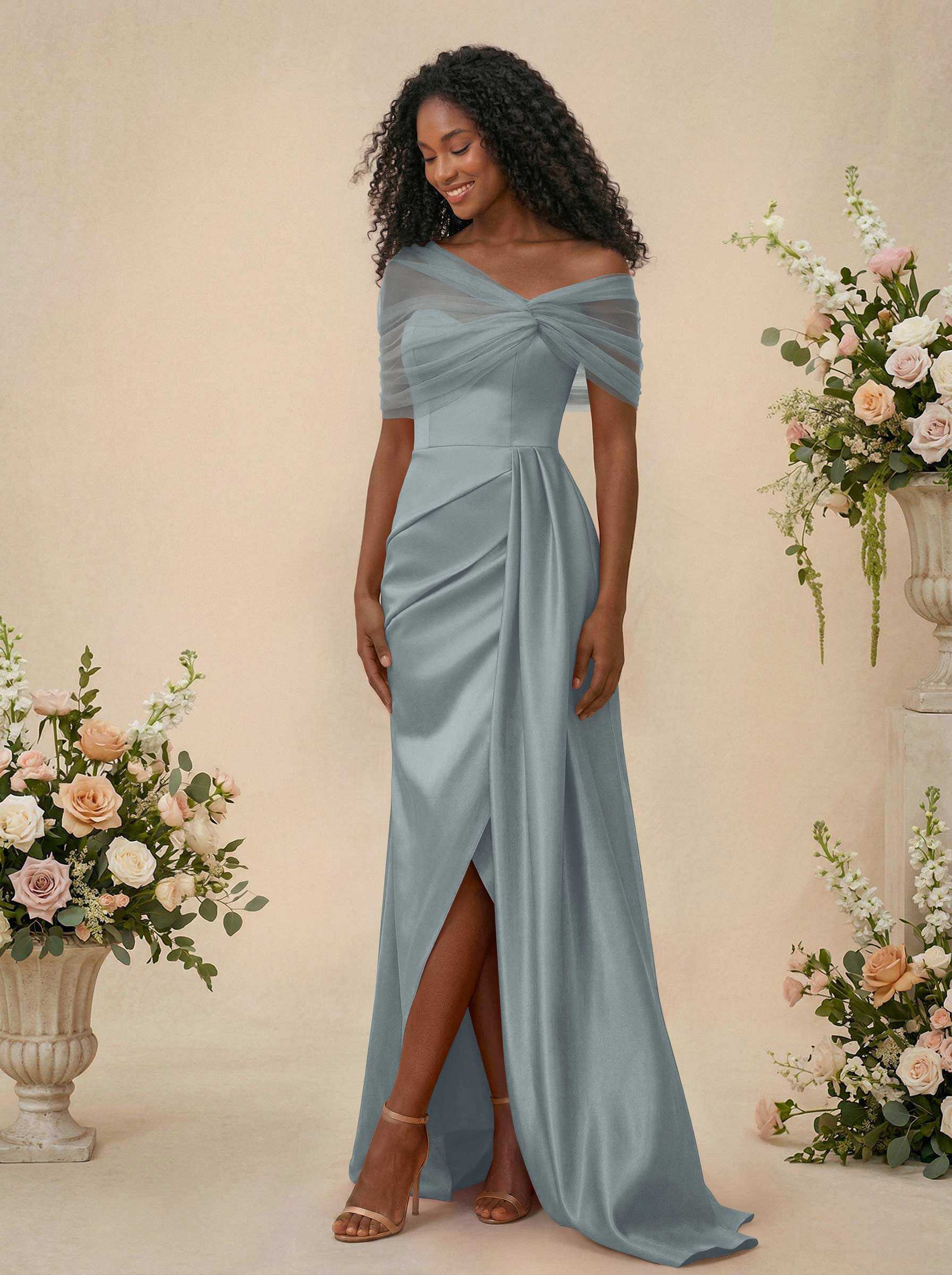 Trumpet/Mermaid Off-The-Shoulder Satin/Tulle Bridesmaid Dresses With Split Front, product image 13
