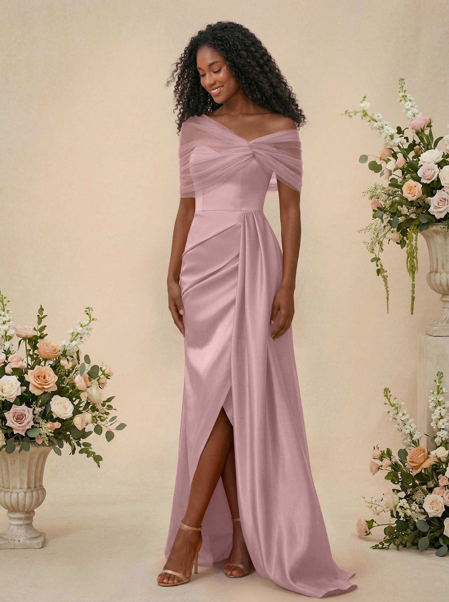 Trumpet/Mermaid Off-The-Shoulder Satin/Tulle Bridesmaid Dresses With Split Front, product image 81