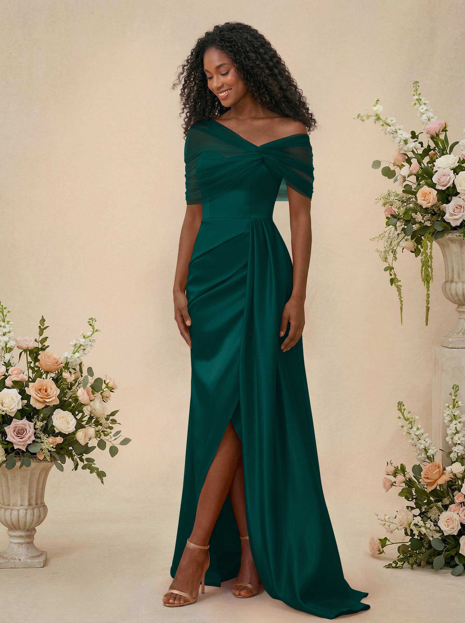 Trumpet/Mermaid Off-The-Shoulder Satin/Tulle Bridesmaid Dresses With Split Front, product image 257