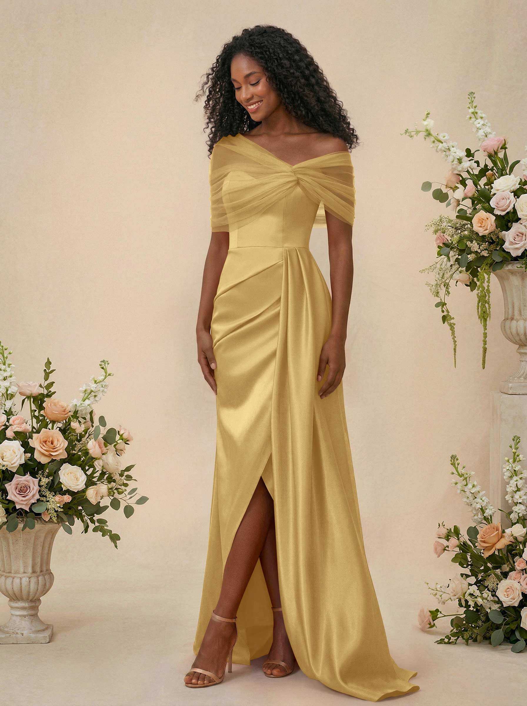 Trumpet/Mermaid Off-The-Shoulder Satin/Tulle Bridesmaid Dresses With Split Front, product image 197