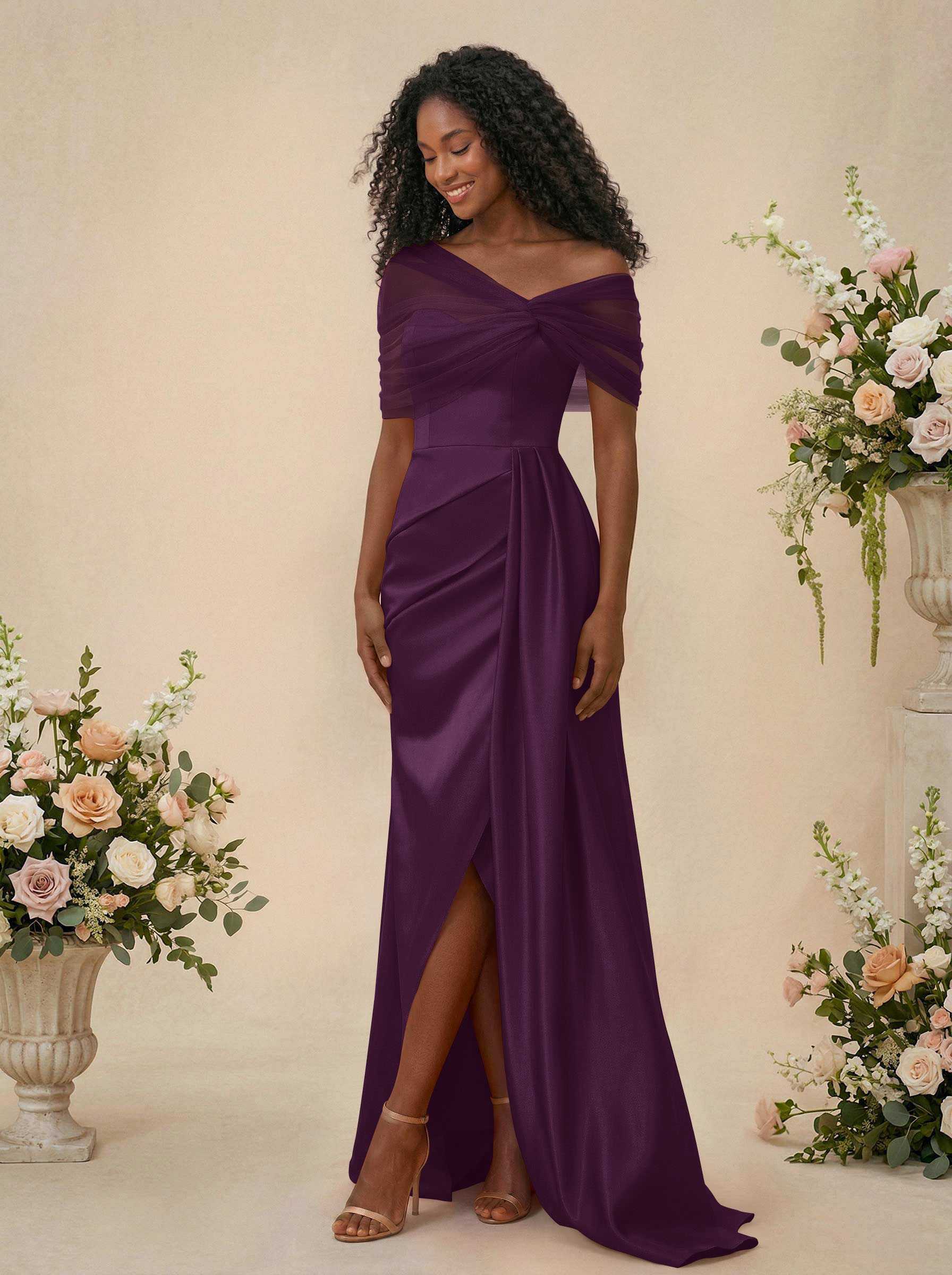 Trumpet/Mermaid Off-The-Shoulder Satin/Tulle Bridesmaid Dresses With Split Front, product image 137
