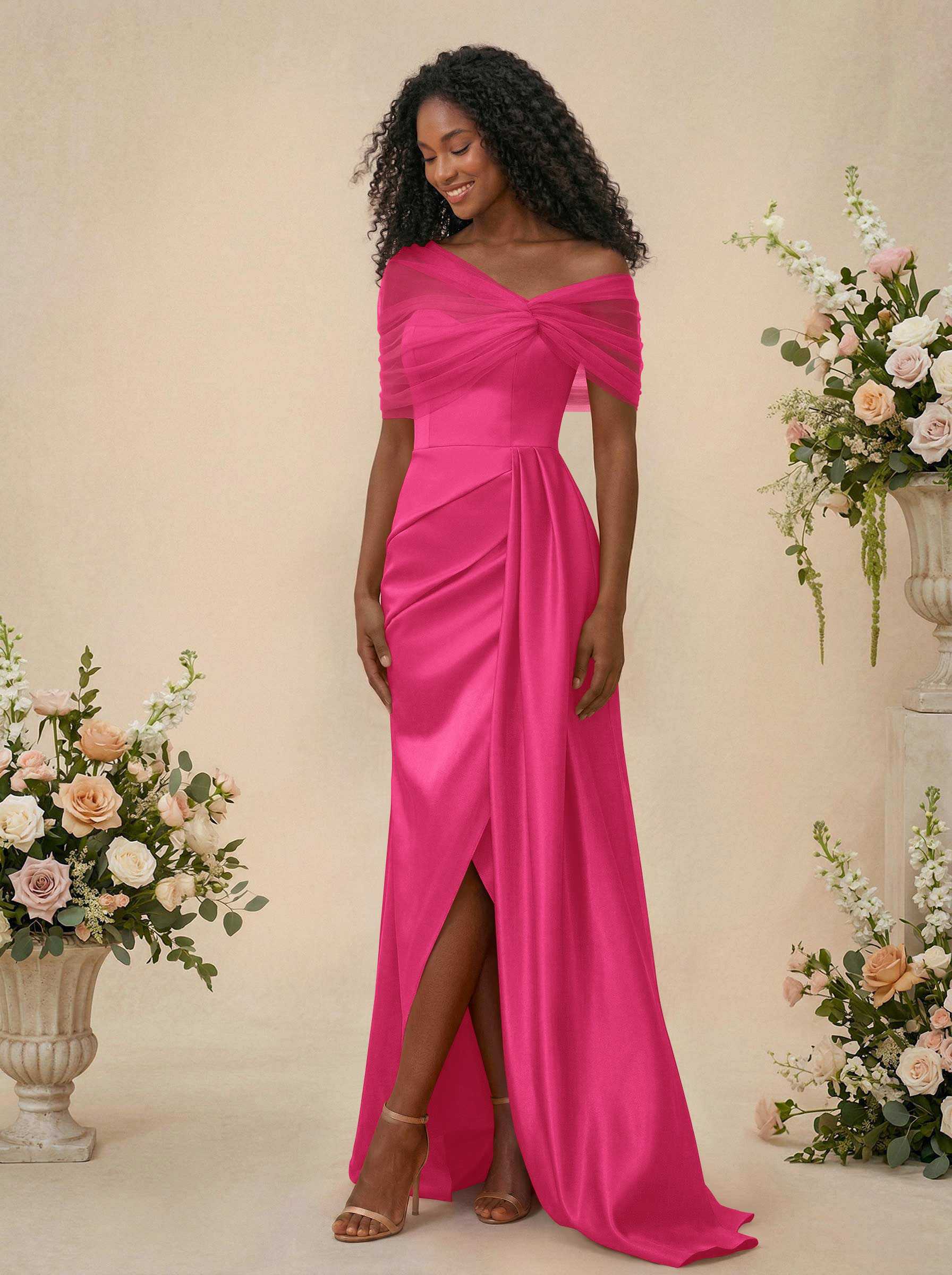 Trumpet/Mermaid Off-The-Shoulder Satin/Tulle Bridesmaid Dresses With Split Front, product image 229