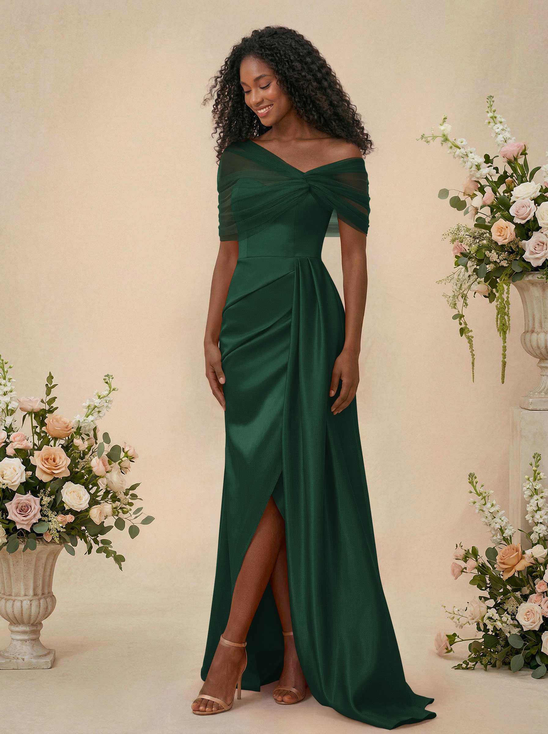 Trumpet/Mermaid Off-The-Shoulder Satin/Tulle Bridesmaid Dresses With Split Front, product image 157