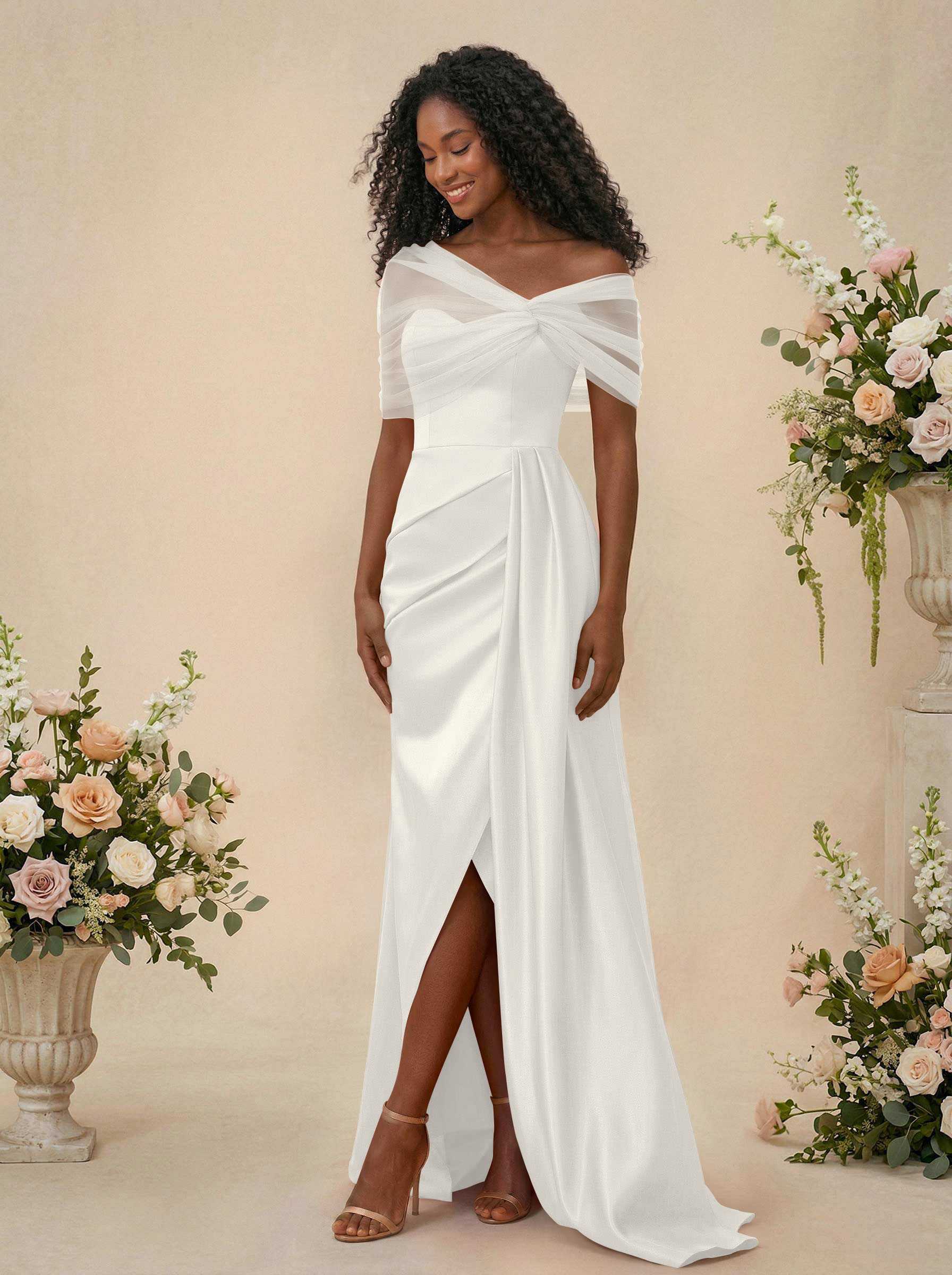 Trumpet/Mermaid Off-The-Shoulder Satin/Tulle Bridesmaid Dresses With Split Front, product image 209