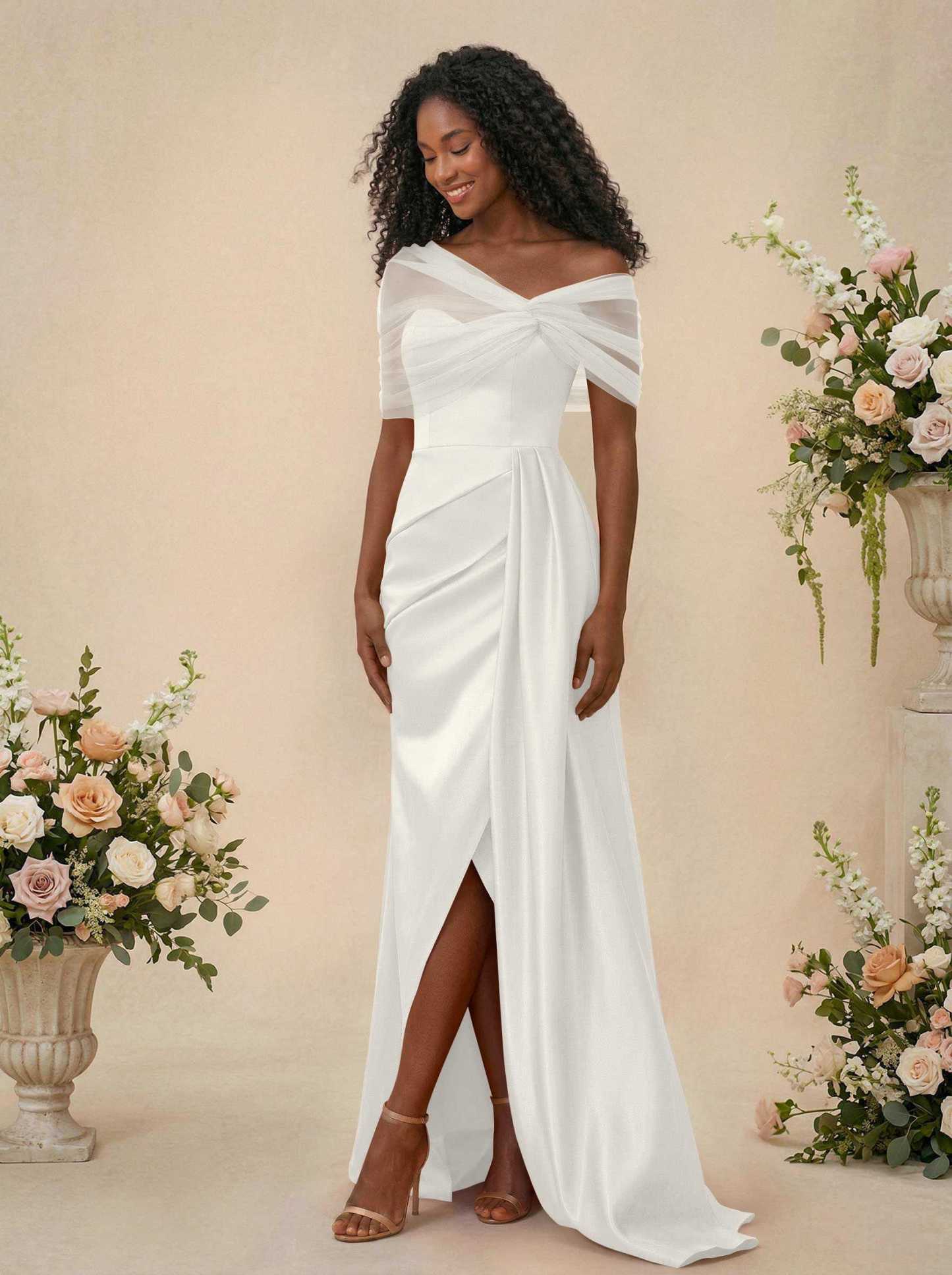 Trumpet/Mermaid Off-The-Shoulder Satin/Tulle Bridesmaid Dresses With Split Front, product image 209