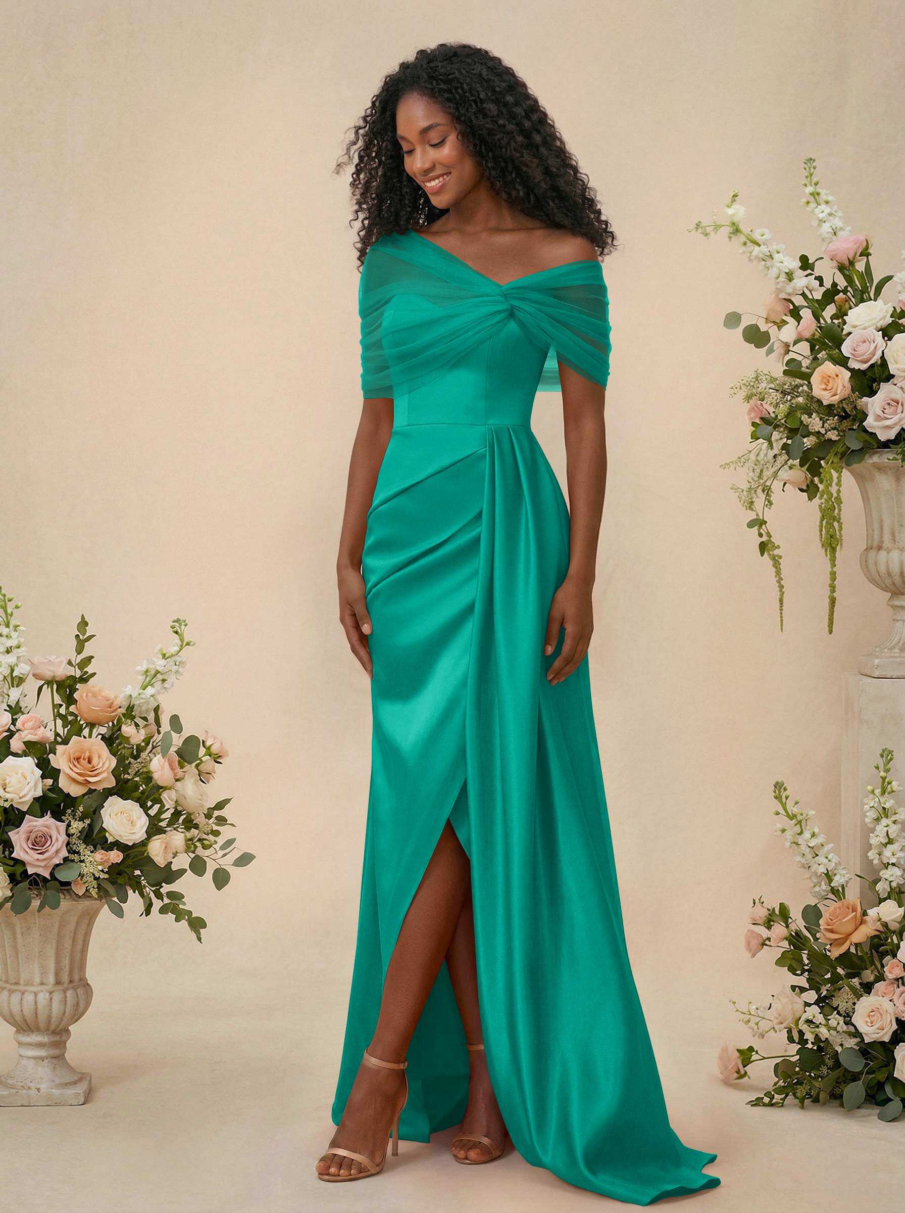 Trumpet/Mermaid Off-The-Shoulder Satin/Tulle Bridesmaid Dresses With Split Front, product image 165