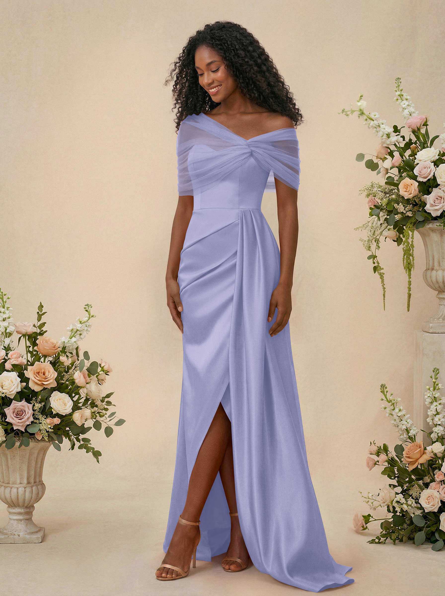 Trumpet/Mermaid Off-The-Shoulder Satin/Tulle Bridesmaid Dresses With Split Front, product image 129