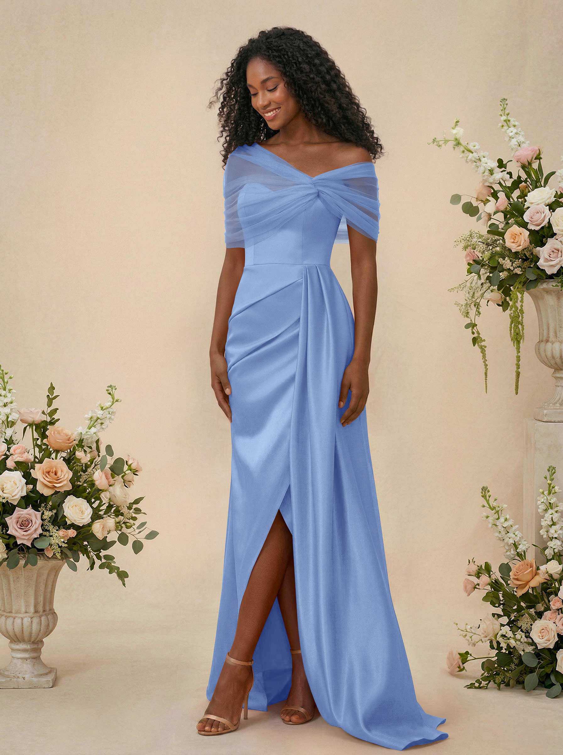 Trumpet/Mermaid Off-The-Shoulder Satin/Tulle Bridesmaid Dresses With Split Front, product image 41