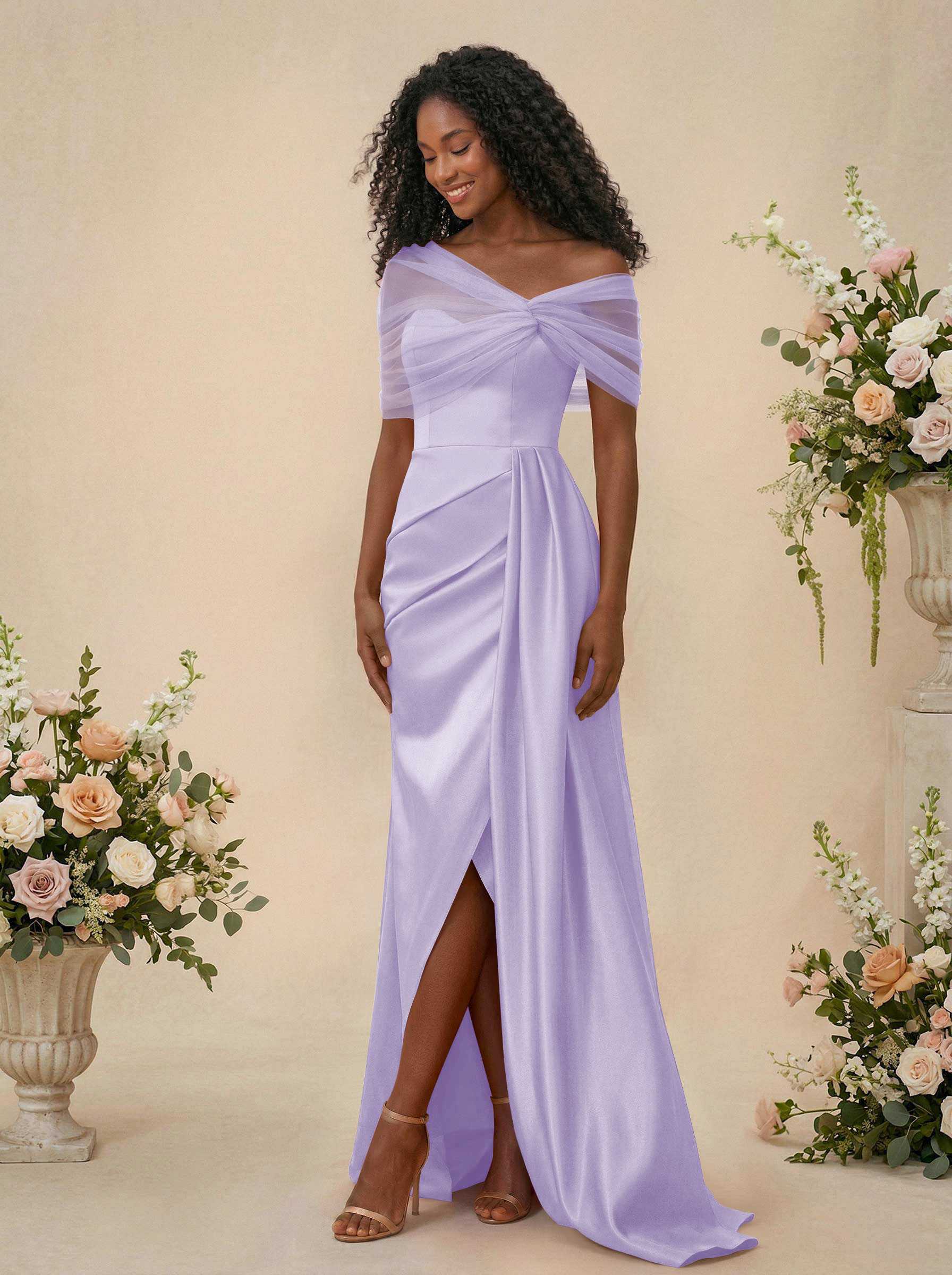 Trumpet/Mermaid Off-The-Shoulder Satin/Tulle Bridesmaid Dresses With Split Front, product image 125