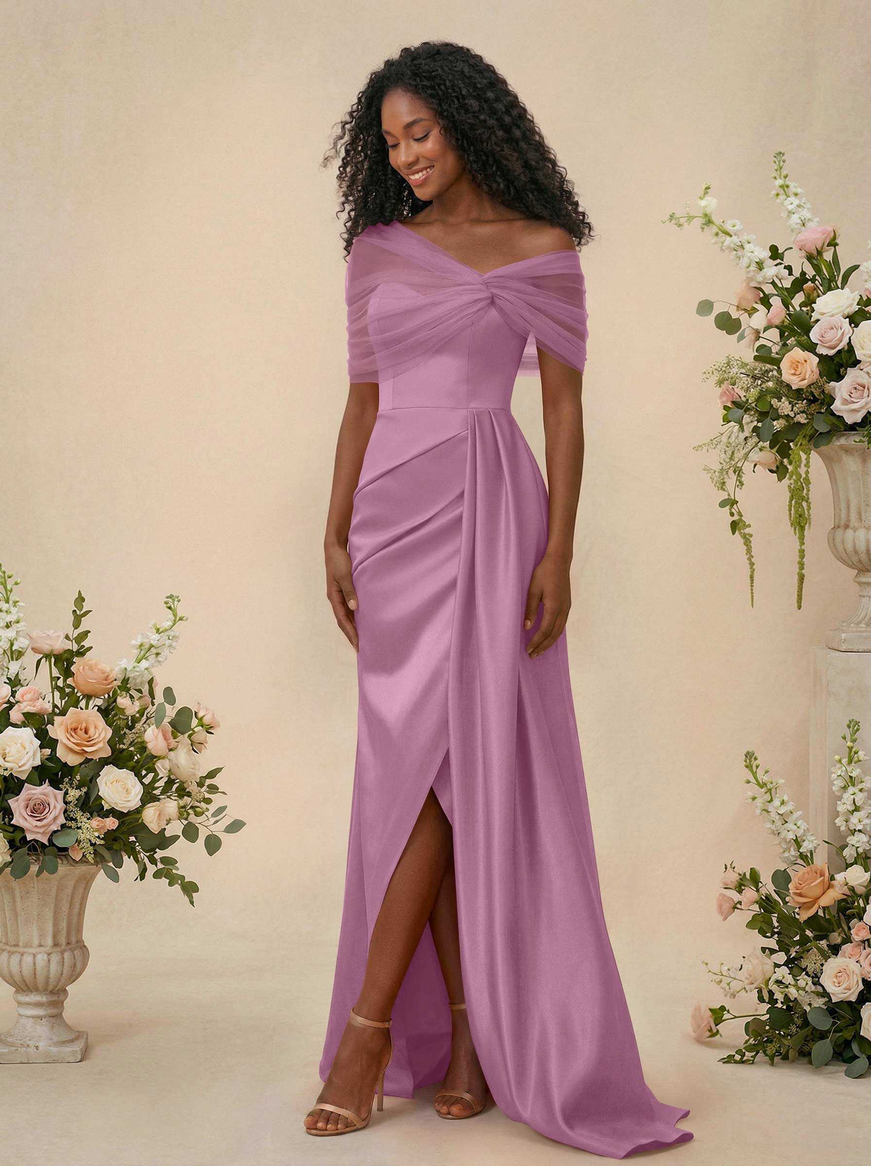 Trumpet/Mermaid Off-The-Shoulder Satin/Tulle Bridesmaid Dresses With Split Front, product image 121