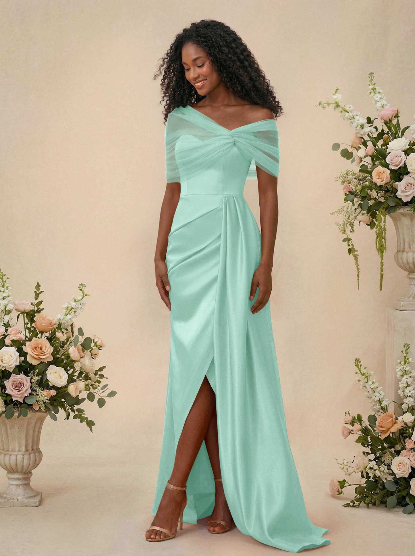 Trumpet/Mermaid Off-The-Shoulder Satin/Tulle Bridesmaid Dresses With Split Front, product image 177