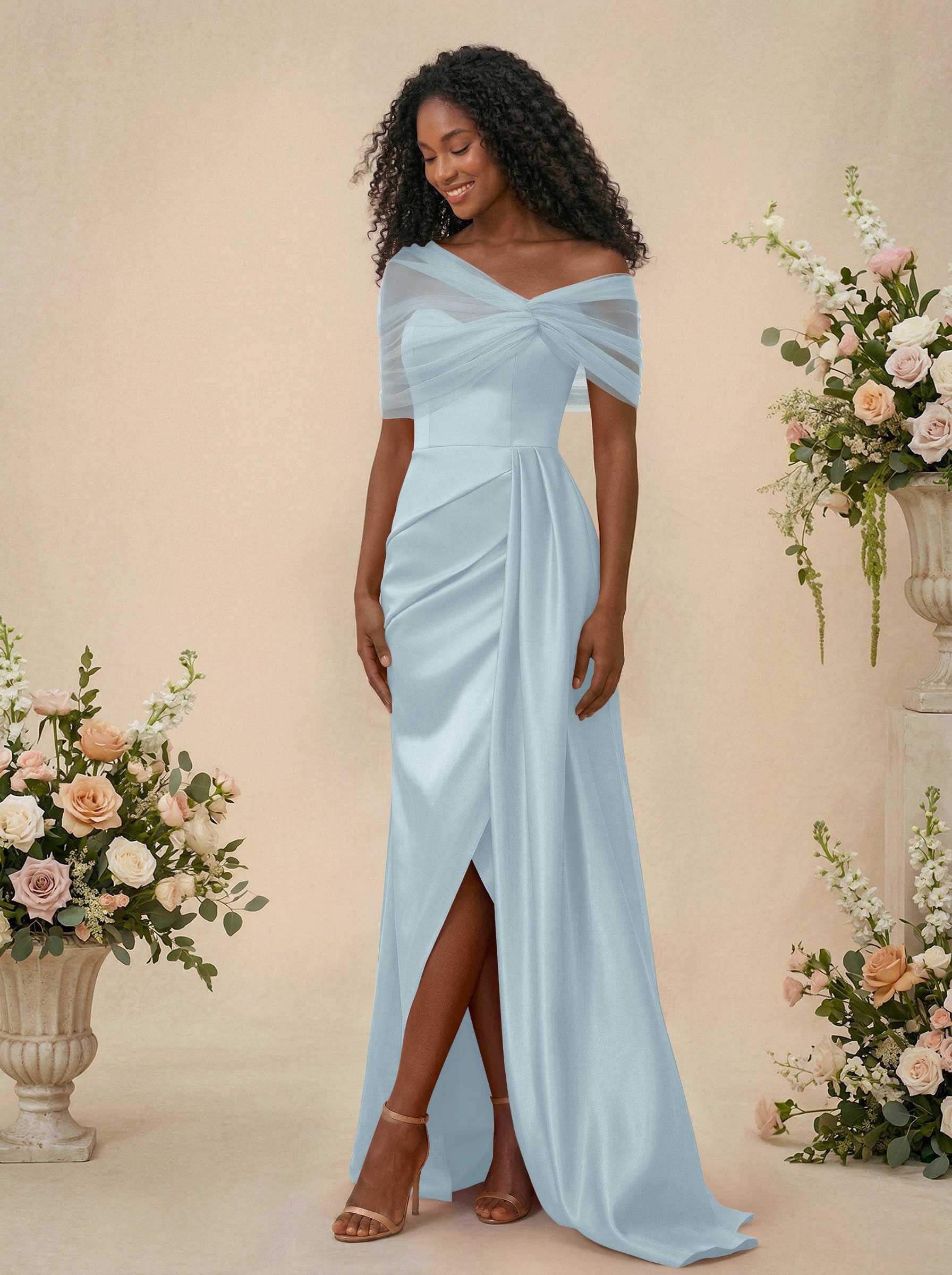 Trumpet/Mermaid Off-The-Shoulder Satin/Tulle Bridesmaid Dresses With Split Front, product image 49