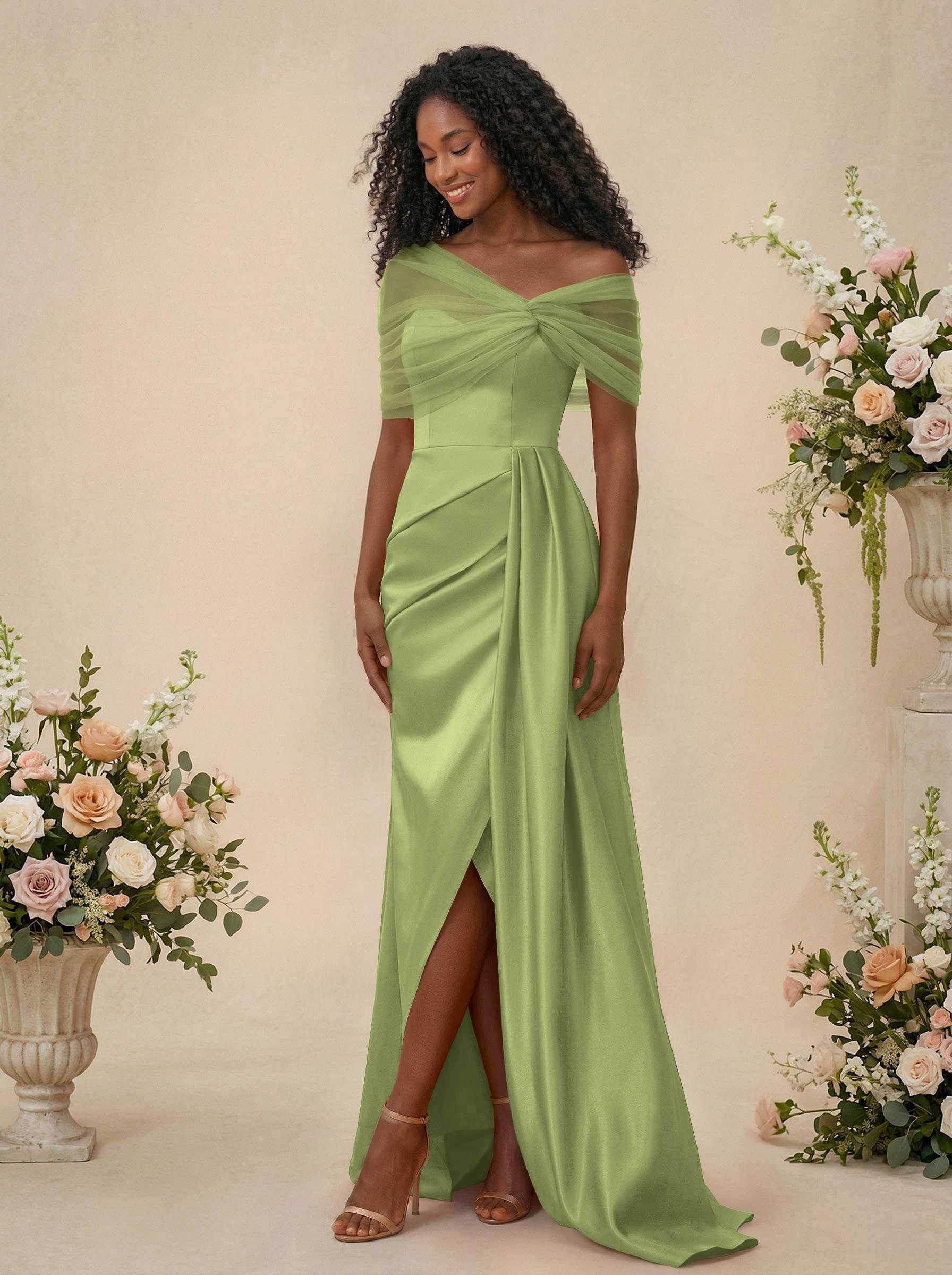 Trumpet/Mermaid Off-The-Shoulder Satin/Tulle Bridesmaid Dresses With Split Front, product image 261