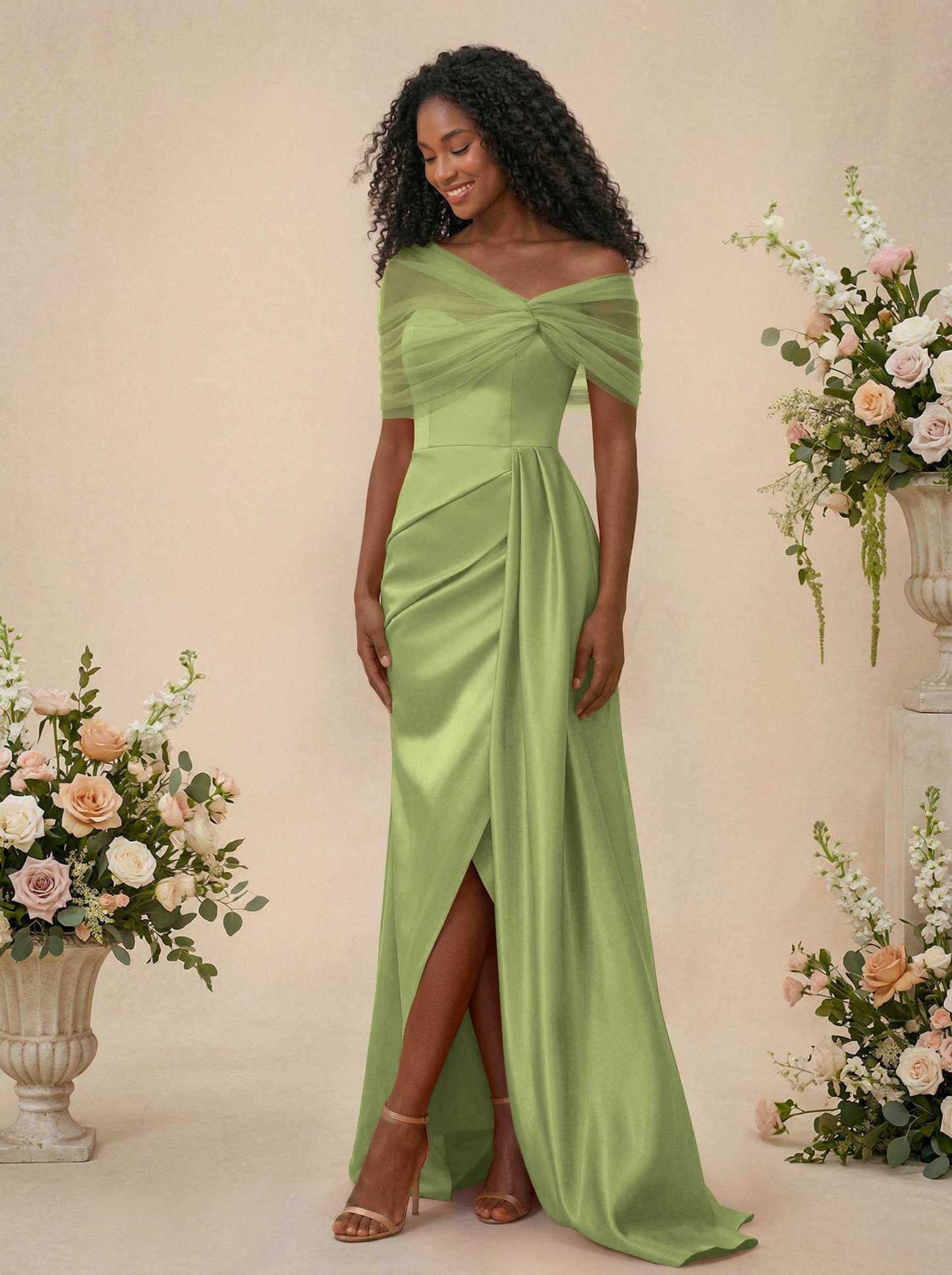 Trumpet/Mermaid Off-The-Shoulder Satin/Tulle Bridesmaid Dresses With Split Front, product image 261