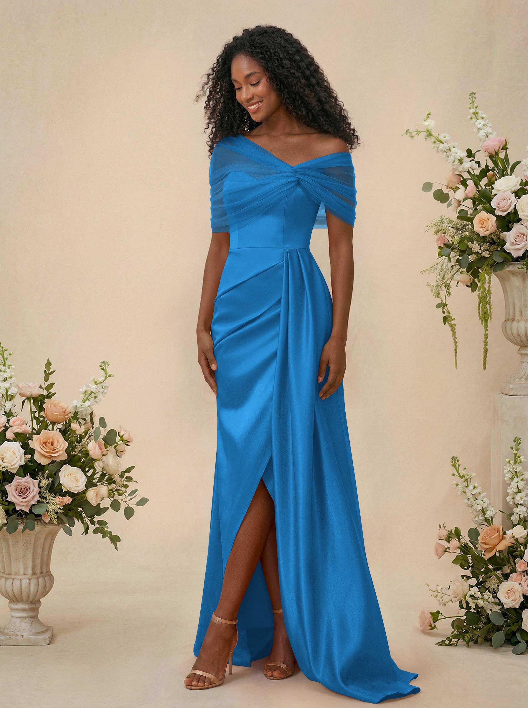 Trumpet/Mermaid Off-The-Shoulder Satin/Tulle Bridesmaid Dresses With Split Front, product image 33