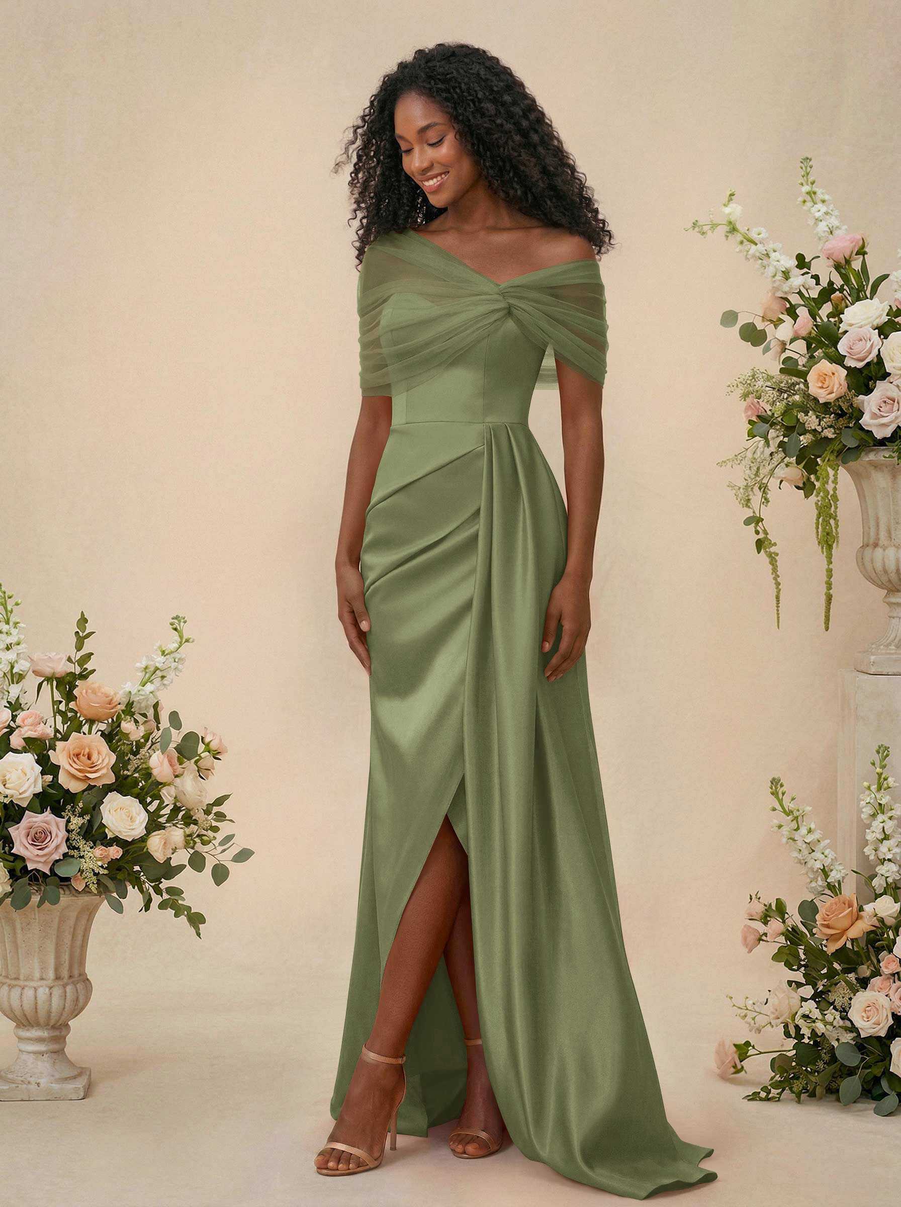 Trumpet/Mermaid Off-The-Shoulder Satin/Tulle Bridesmaid Dresses With Split Front, product image 237