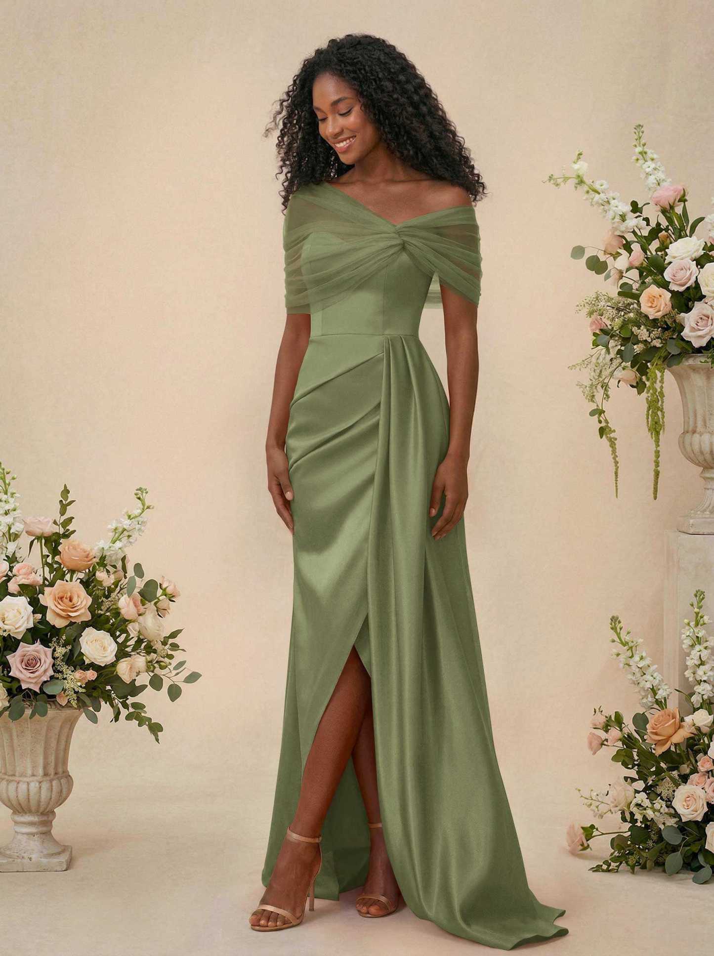 Trumpet/Mermaid Off-The-Shoulder Satin/Tulle Bridesmaid Dresses With Split Front, product image 237