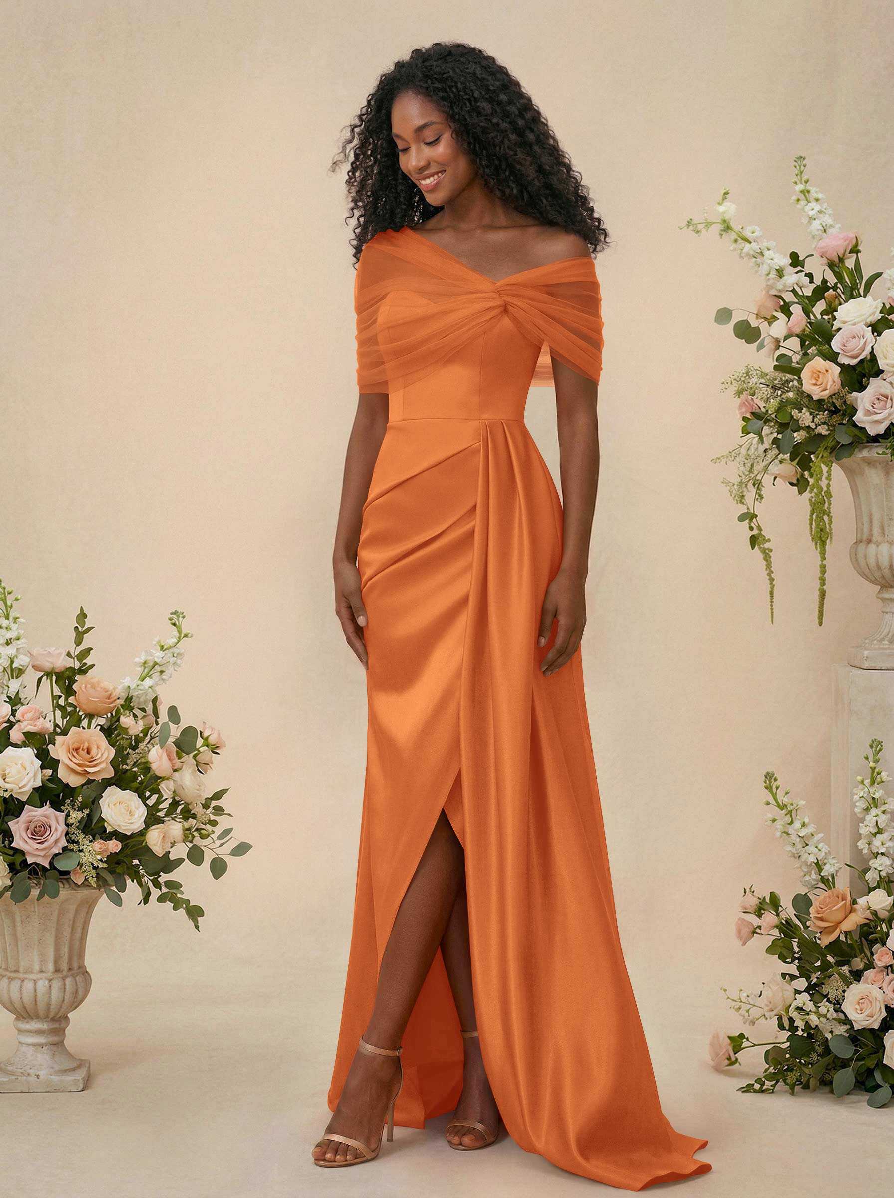 Trumpet/Mermaid Off-The-Shoulder Satin/Tulle Bridesmaid Dresses With Split Front, product image 201