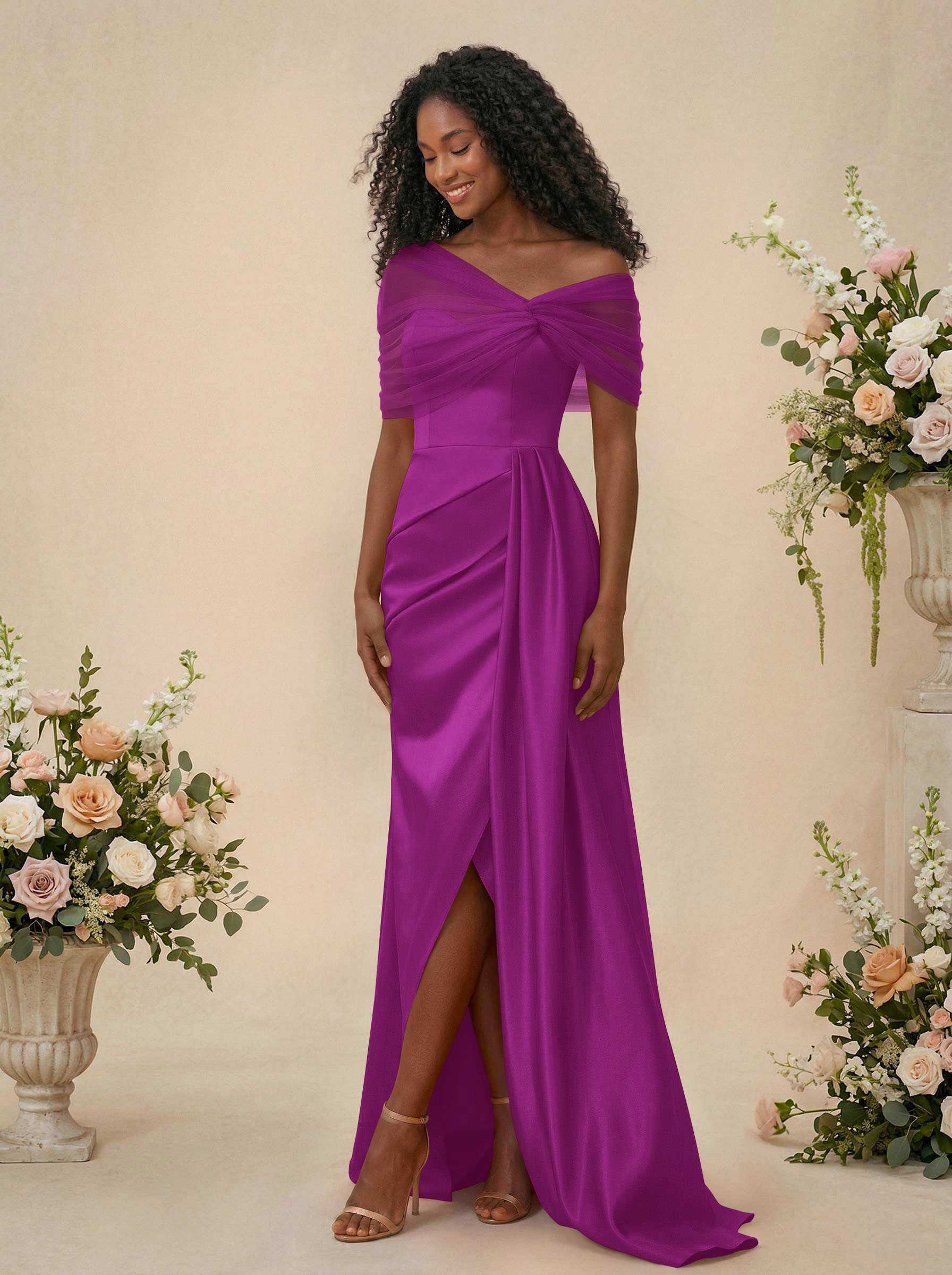 Trumpet/Mermaid Off-The-Shoulder Satin/Tulle Bridesmaid Dresses With Split Front, product image 141