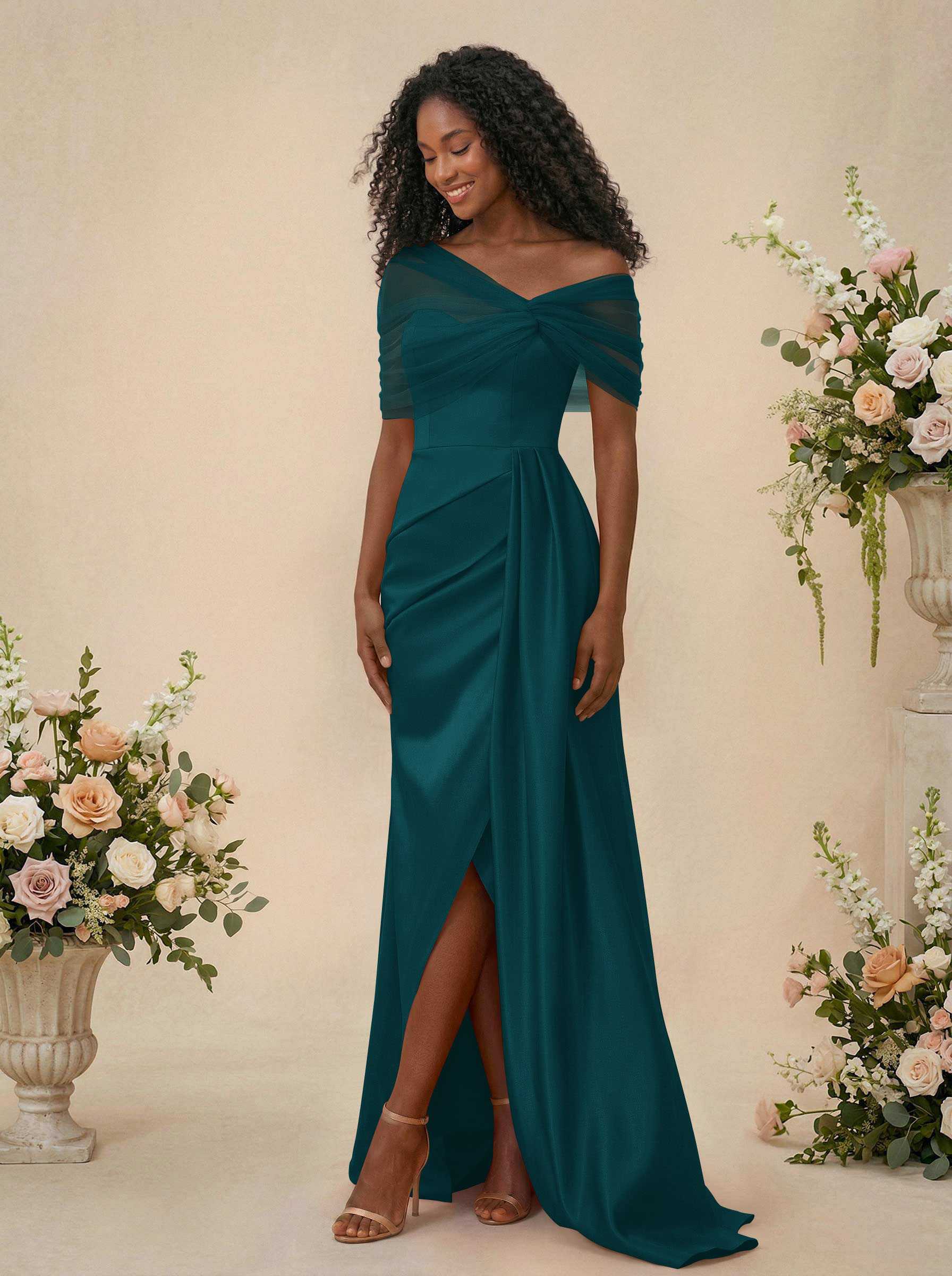 Trumpet/Mermaid Off-The-Shoulder Satin/Tulle Bridesmaid Dresses With Split Front, product image 161