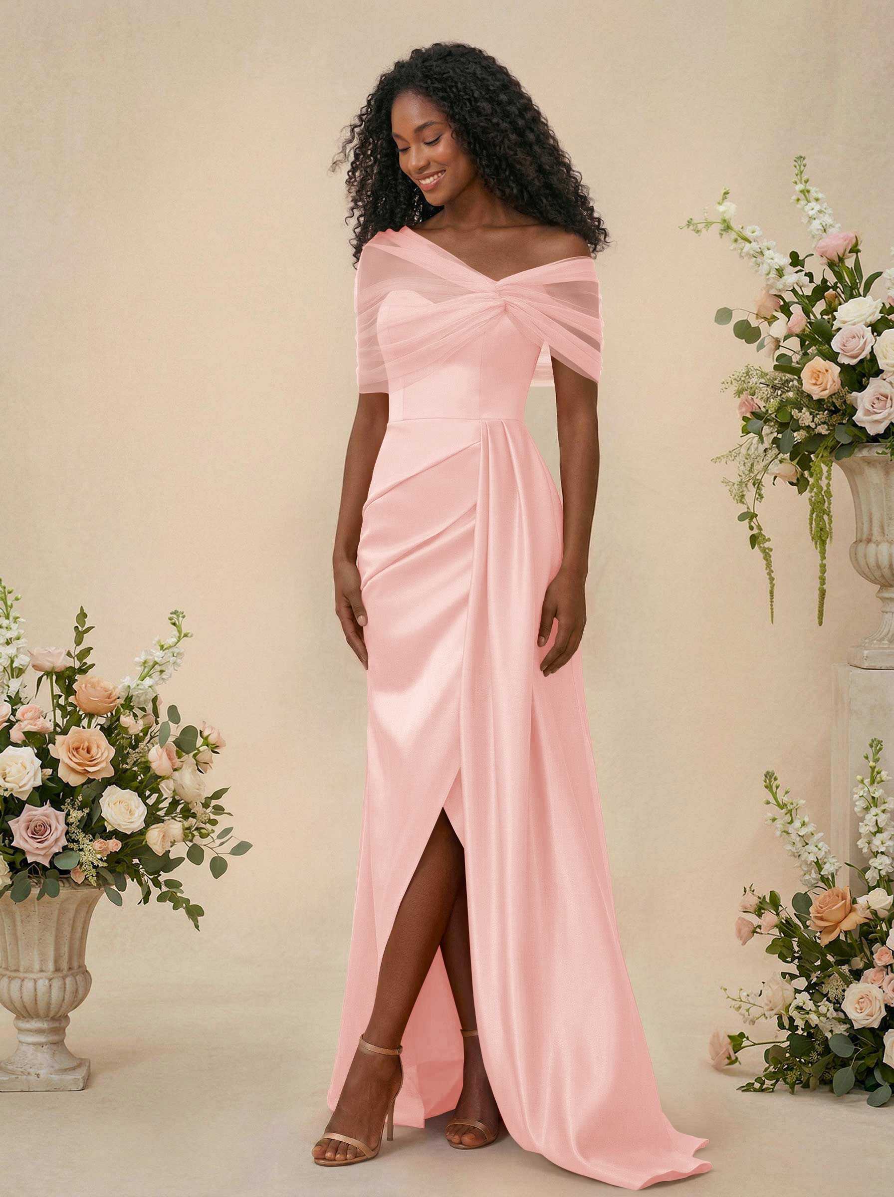 Trumpet/Mermaid Off-The-Shoulder Satin/Tulle Bridesmaid Dresses With Split Front, product image 85
