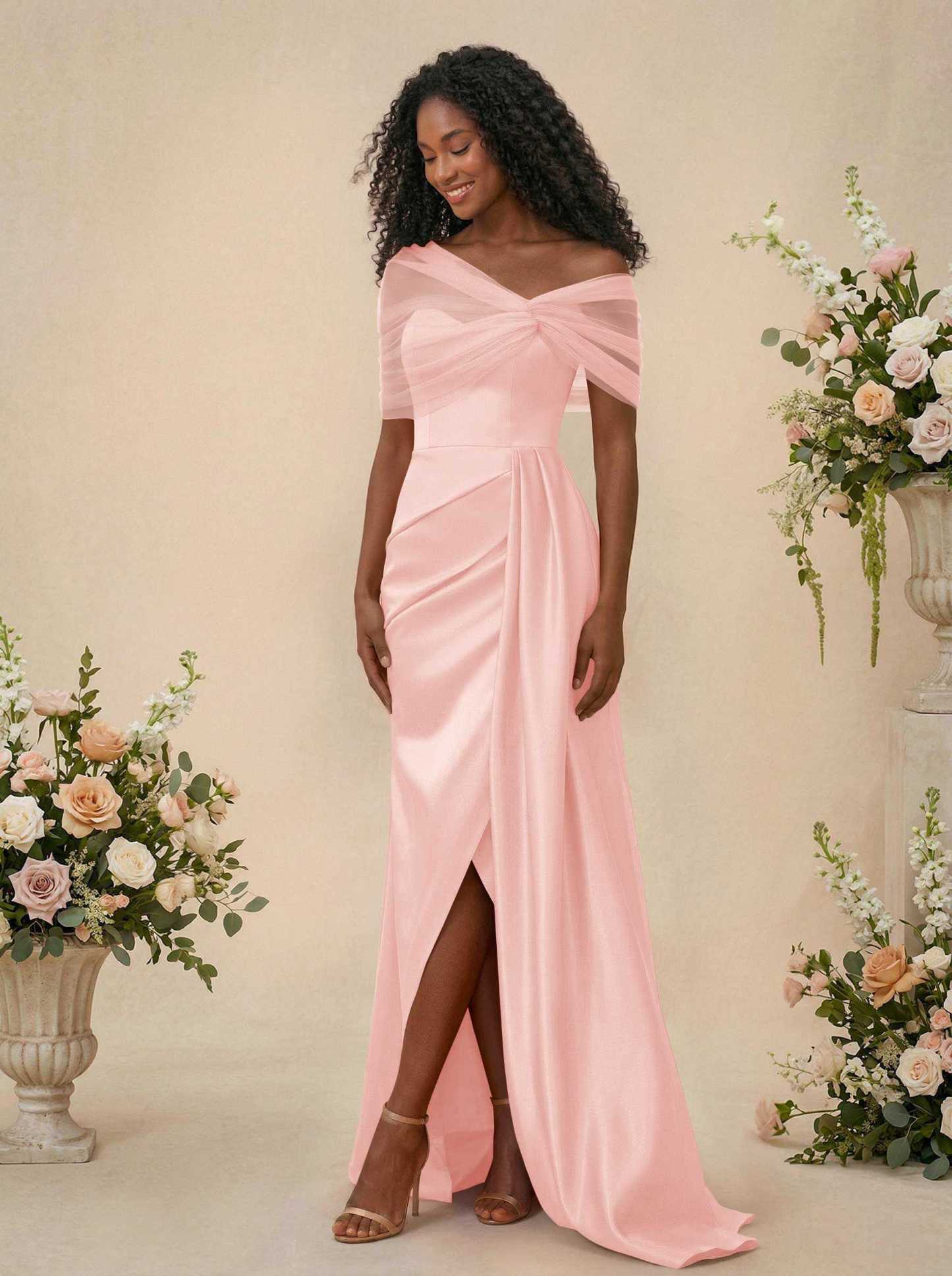 Trumpet/Mermaid Off-The-Shoulder Satin/Tulle Bridesmaid Dresses With Split Front, product image 85