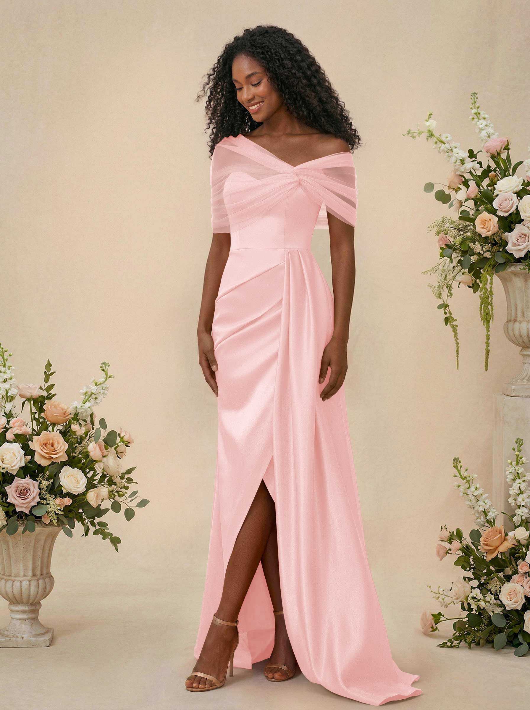 Trumpet/Mermaid Off-The-Shoulder Satin/Tulle Bridesmaid Dresses With Split Front, product image 93