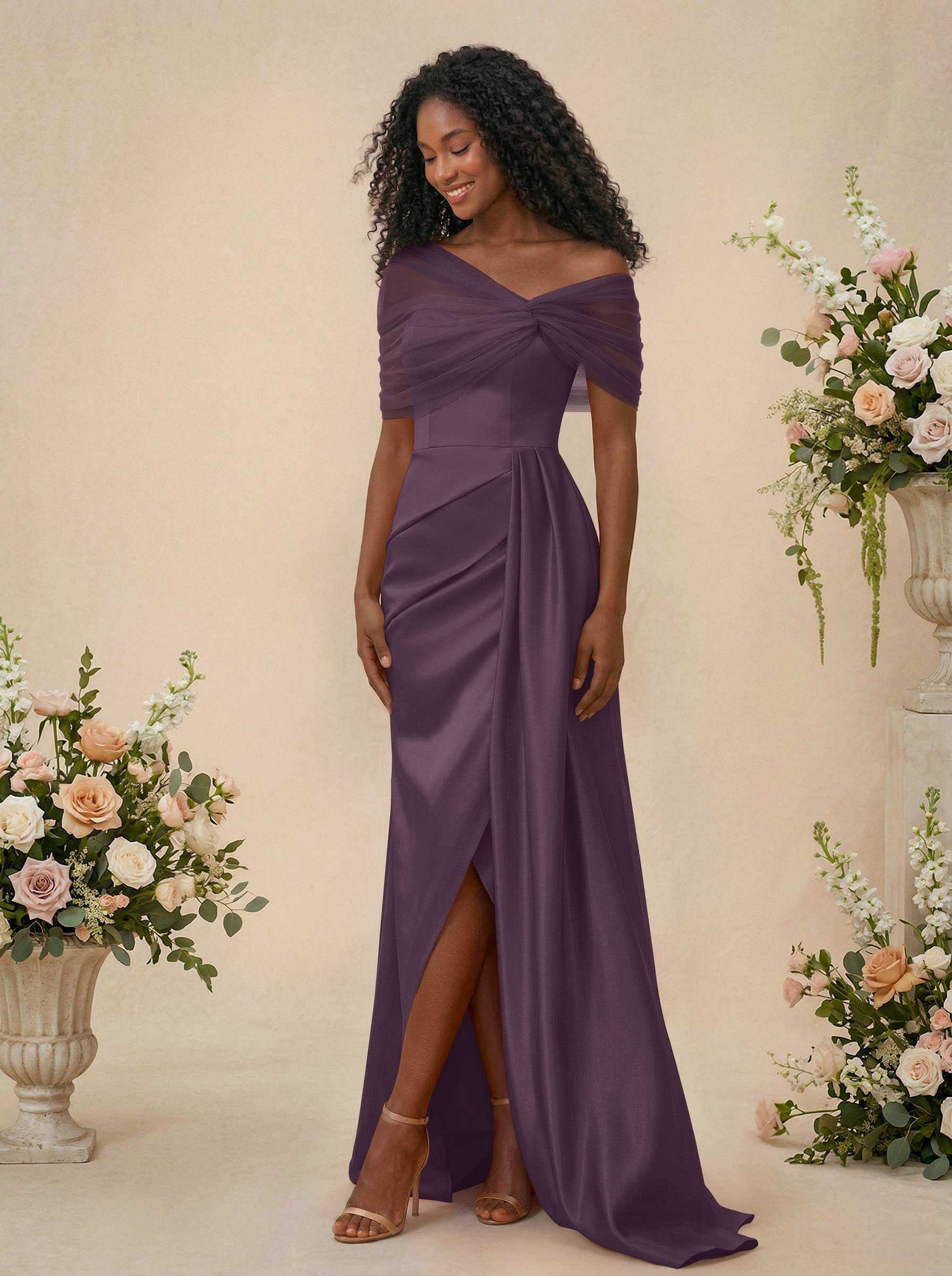 Trumpet/Mermaid Off-The-Shoulder Satin/Tulle Bridesmaid Dresses With Split Front, product image 233