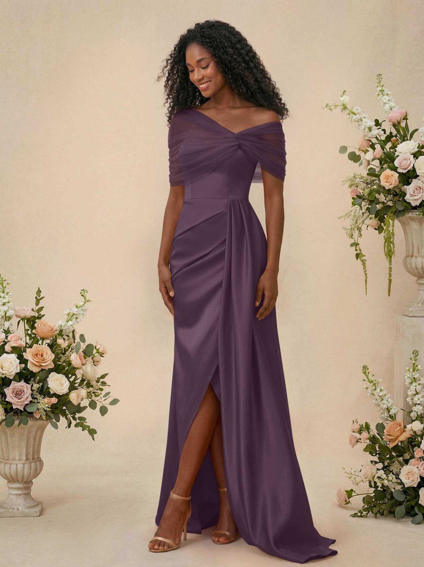 Trumpet/Mermaid Off-The-Shoulder Satin/Tulle Bridesmaid Dresses With Split Front, product image 233