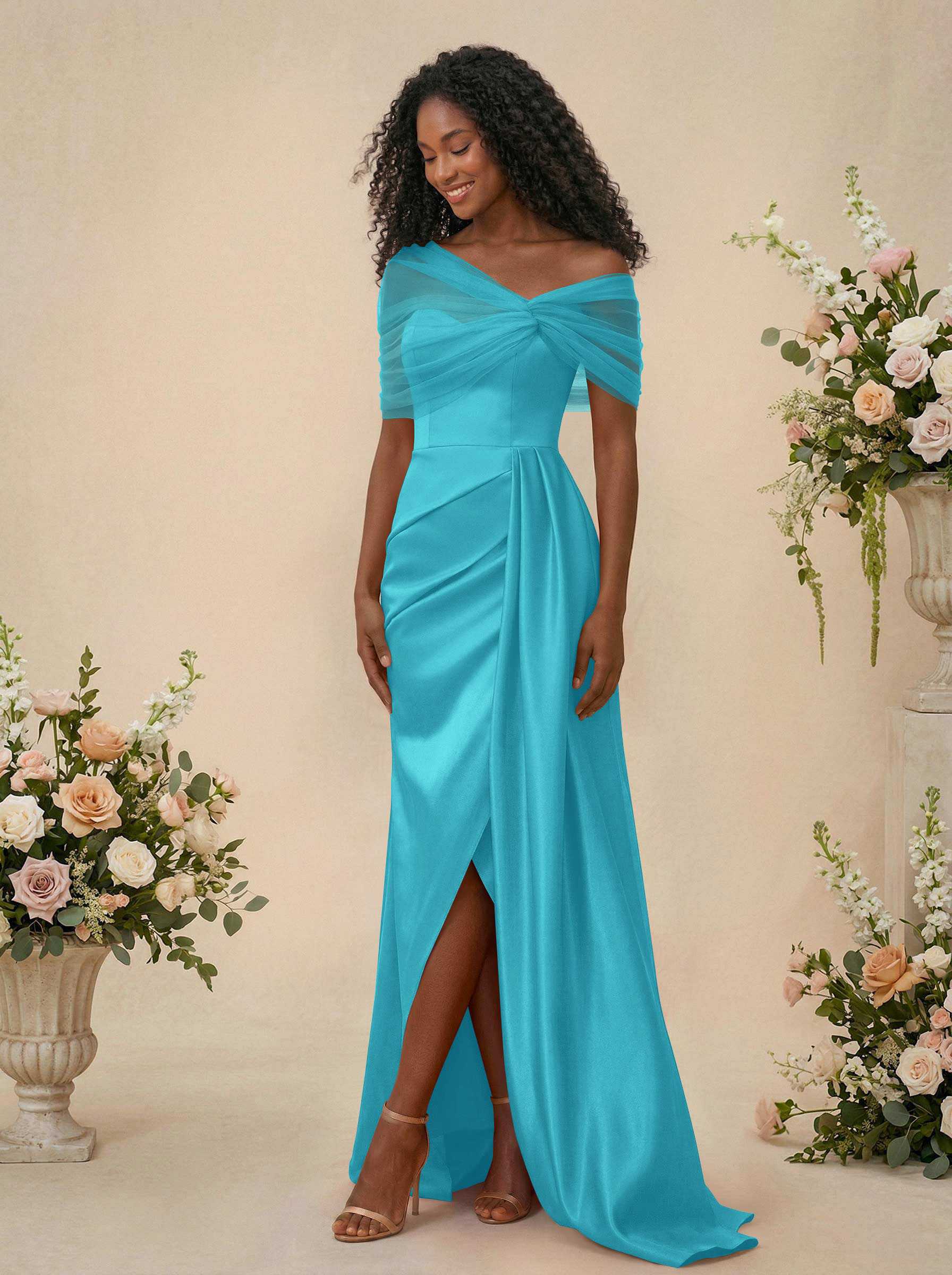 Trumpet/Mermaid Off-The-Shoulder Satin/Tulle Bridesmaid Dresses With Split Front, product image 37