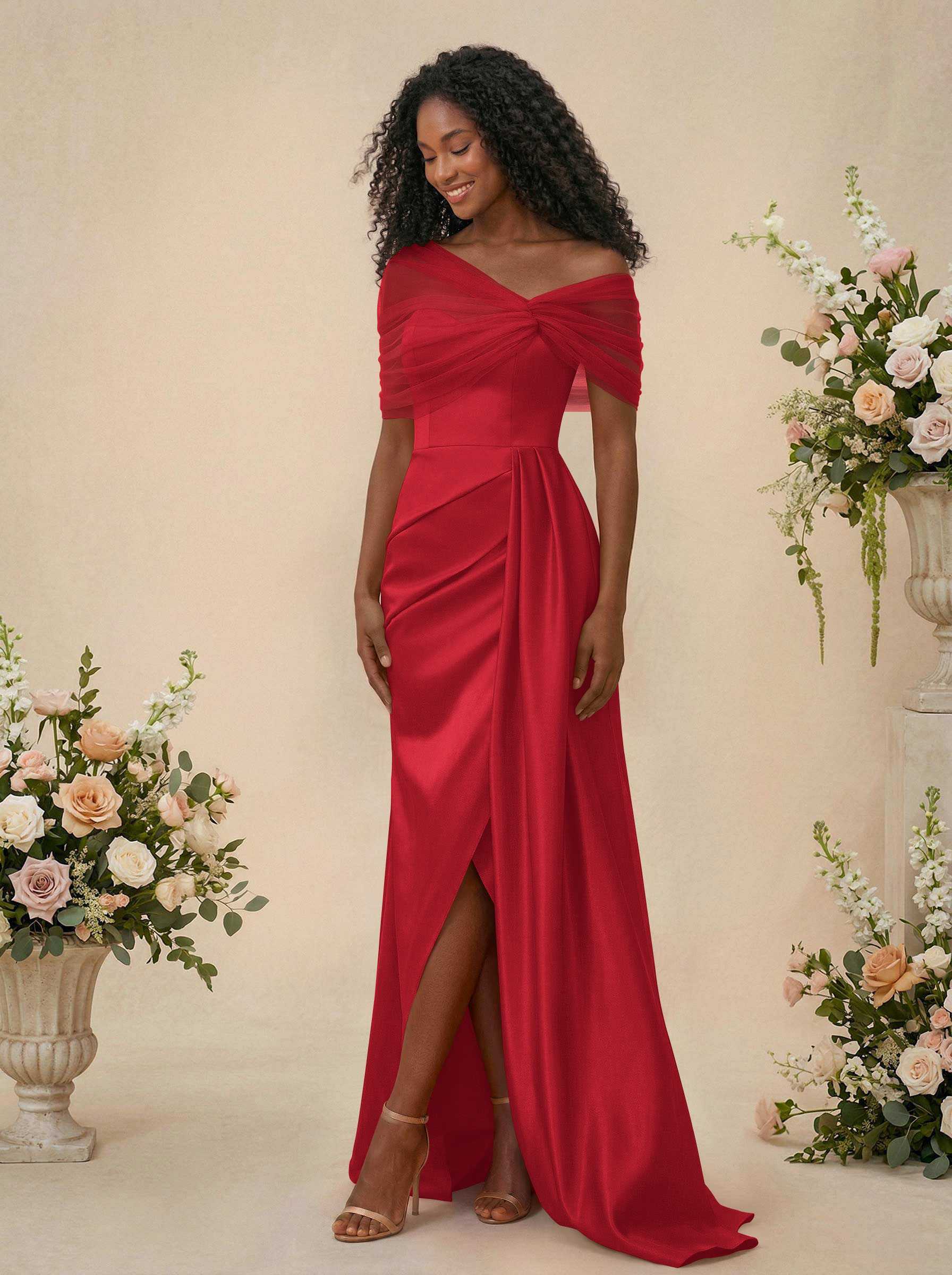 Trumpet/Mermaid Off-The-Shoulder Satin/Tulle Bridesmaid Dresses With Split Front, product image 69