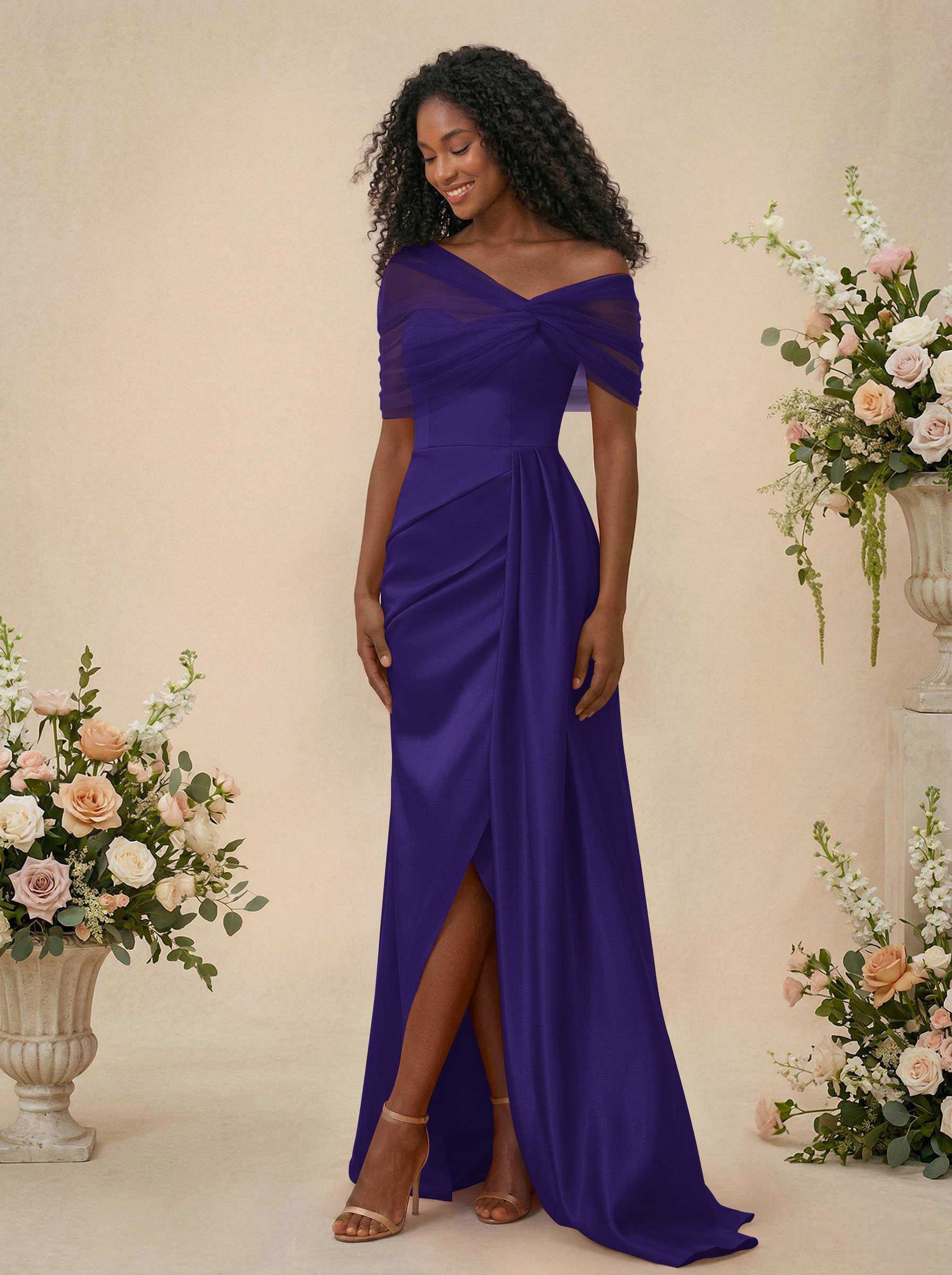Trumpet/Mermaid Off-The-Shoulder Satin/Tulle Bridesmaid Dresses With Split Front, product image 149