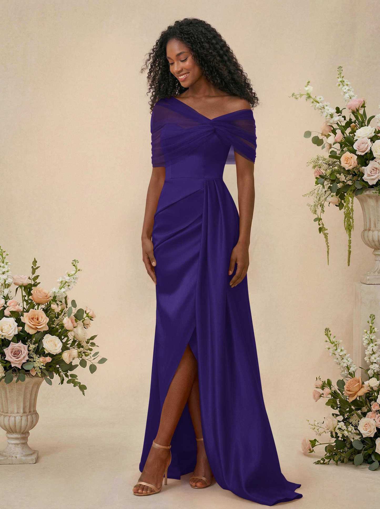 Trumpet/Mermaid Off-The-Shoulder Satin/Tulle Bridesmaid Dresses With Split Front, product image 149