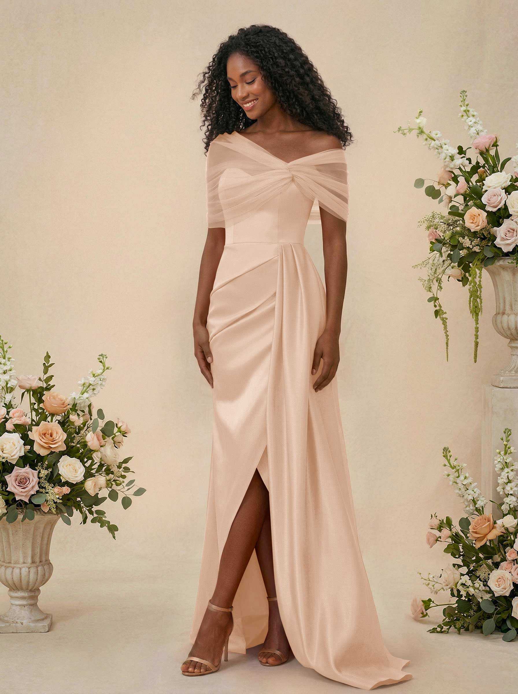 Trumpet/Mermaid Off-The-Shoulder Satin/Tulle Bridesmaid Dresses With Split Front, product image 249