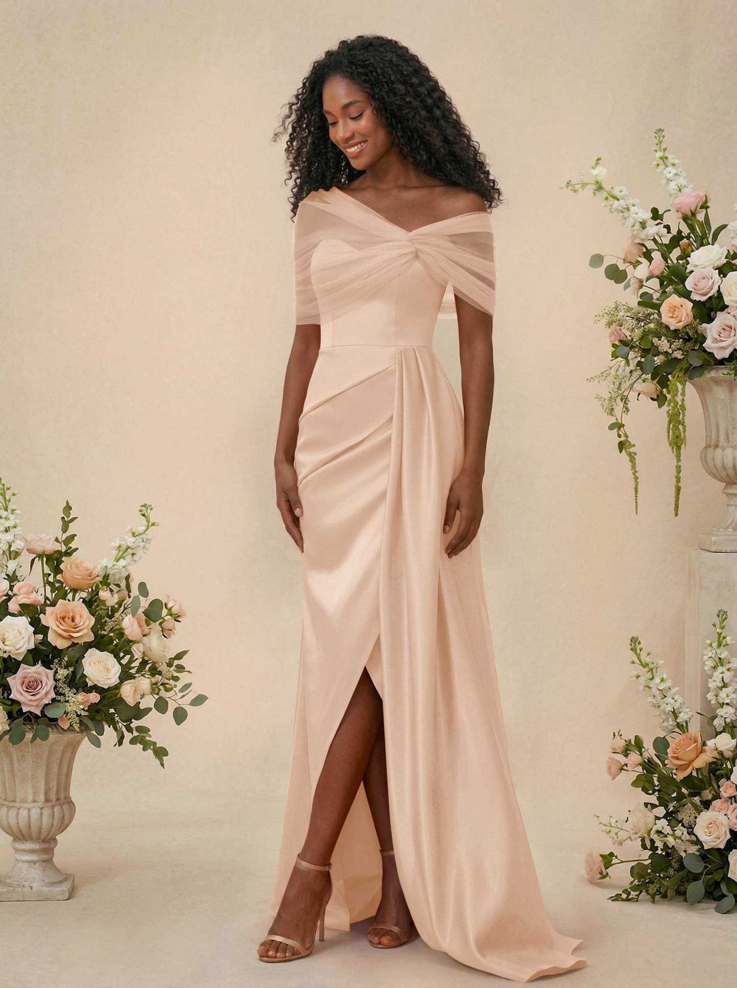 Trumpet/Mermaid Off-The-Shoulder Satin/Tulle Bridesmaid Dresses With Split Front, product image 249