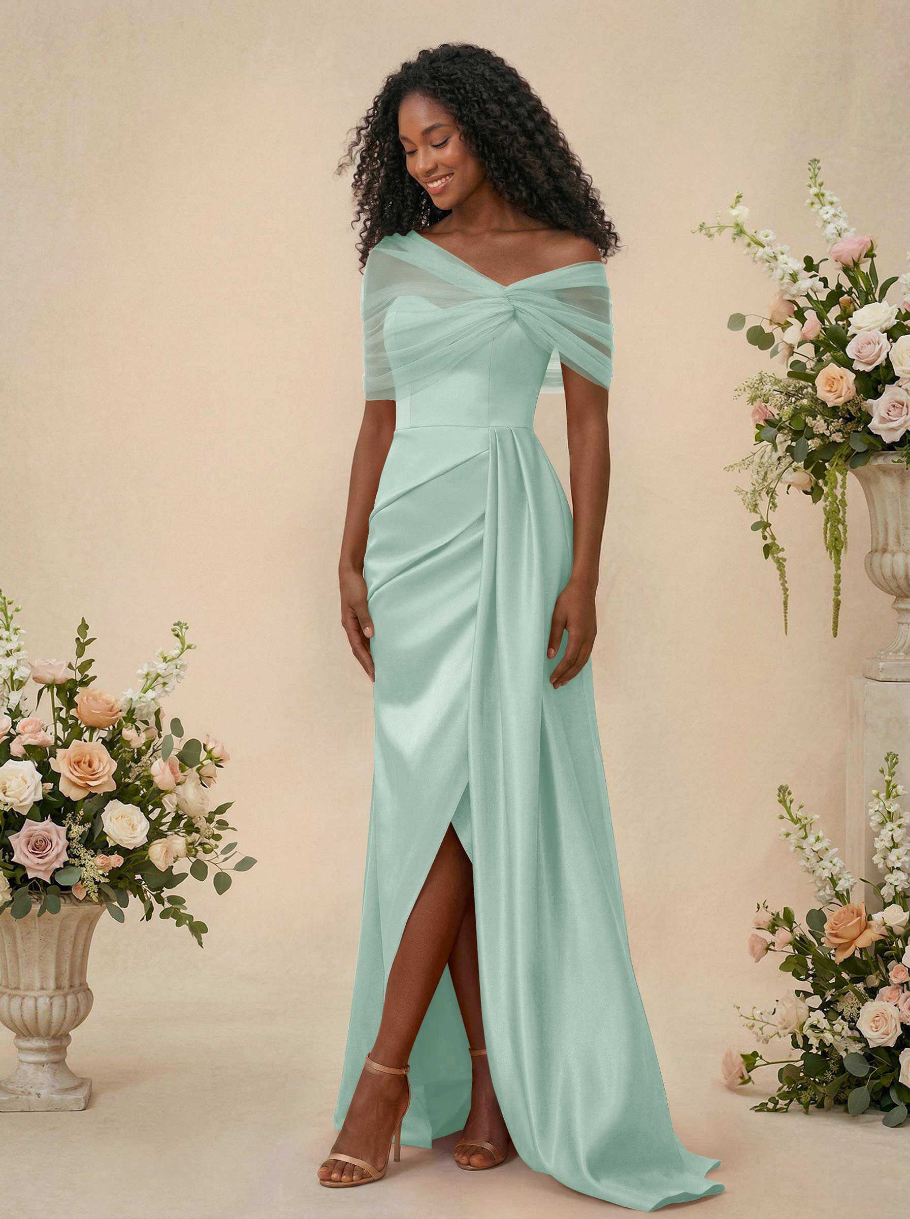 Trumpet/Mermaid Off-The-Shoulder Satin/Tulle Bridesmaid Dresses With Split Front, product image 173