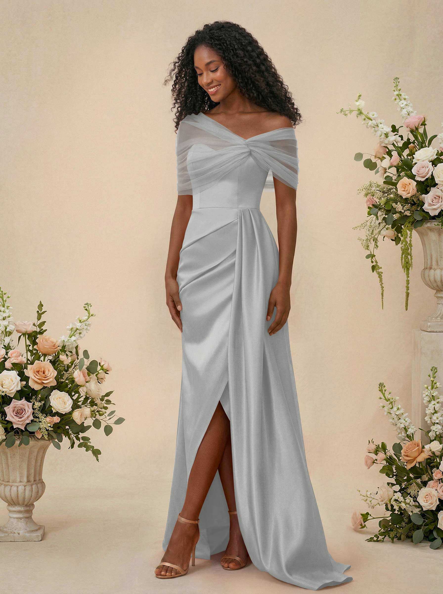 Trumpet/Mermaid Off-The-Shoulder Satin/Tulle Bridesmaid Dresses With Split Front, product image 217