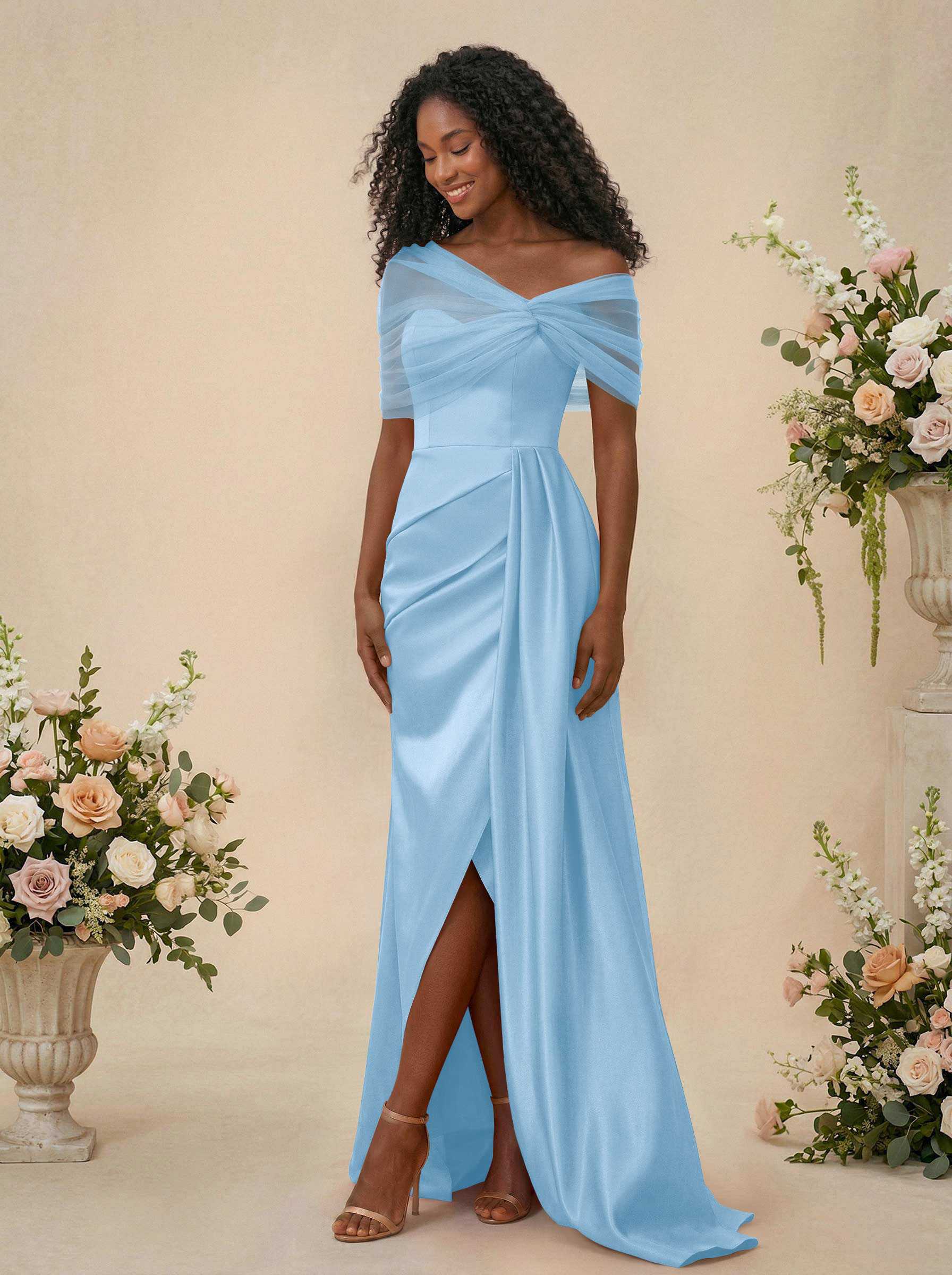 Trumpet/Mermaid Off-The-Shoulder Satin/Tulle Bridesmaid Dresses With Split Front, product image 45