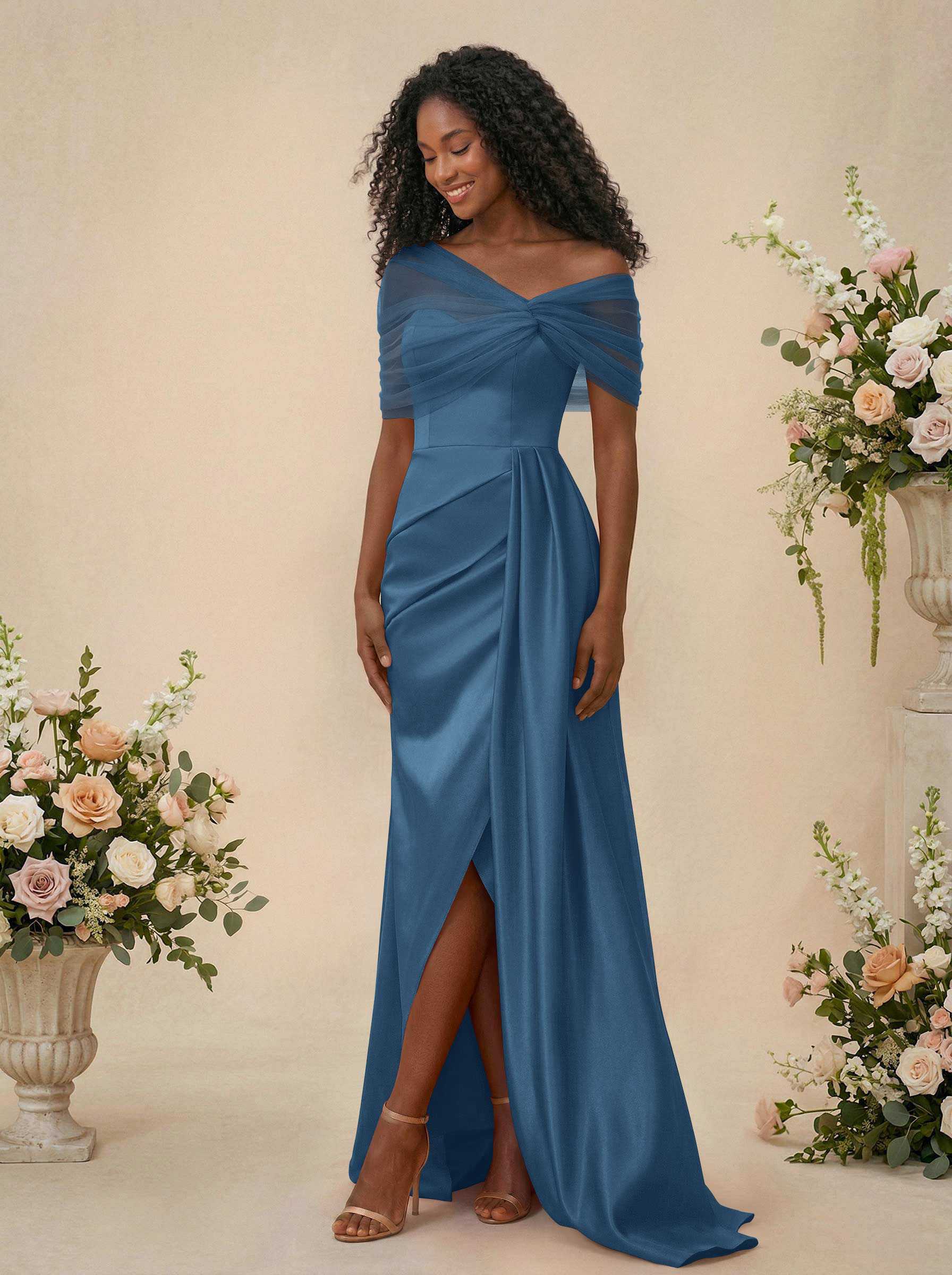 Trumpet/Mermaid Off-The-Shoulder Satin/Tulle Bridesmaid Dresses With Split Front, product image 17
